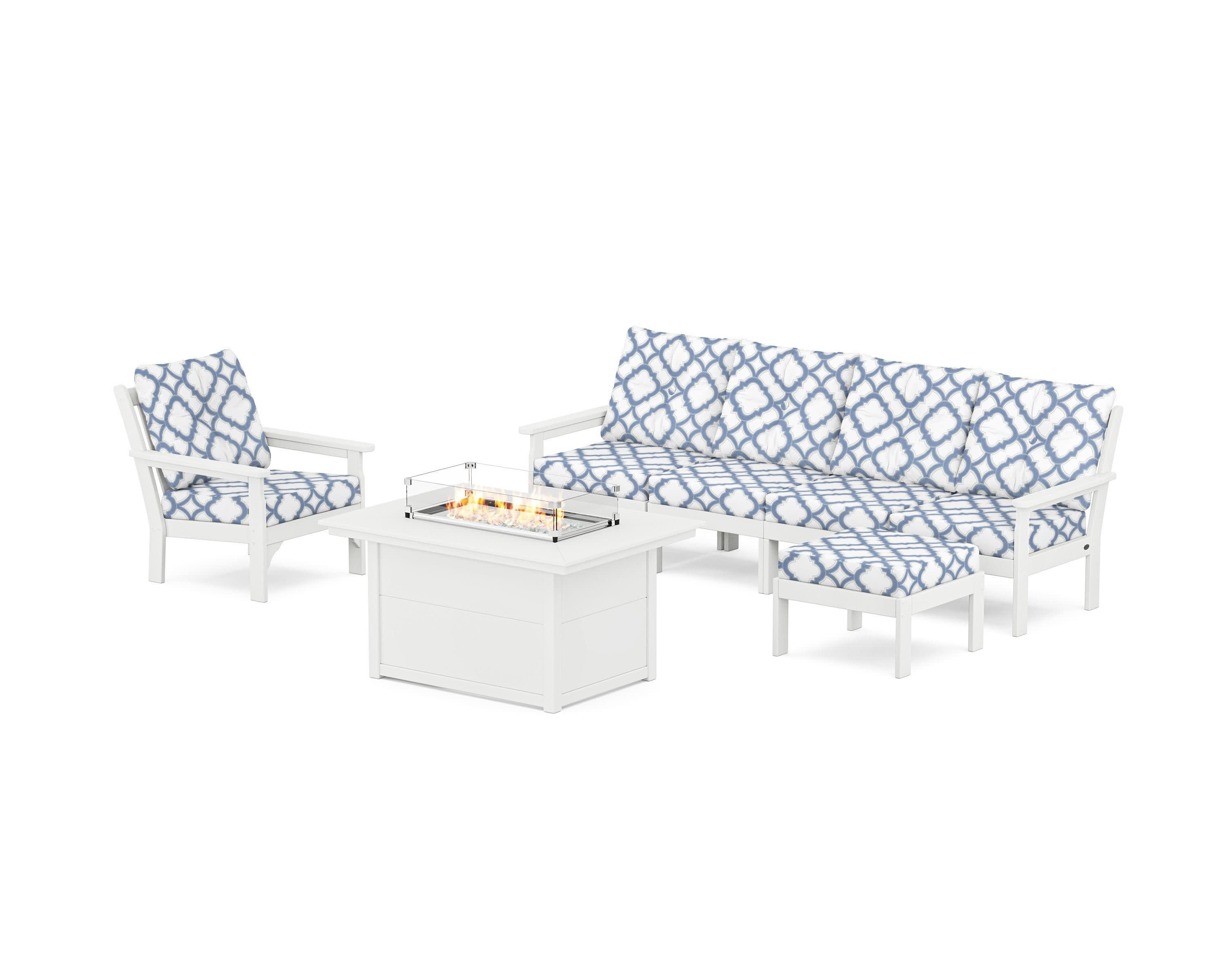 Vineyard Sectional Lounge and Fire Pit Set in White / Trellis Sky Blue