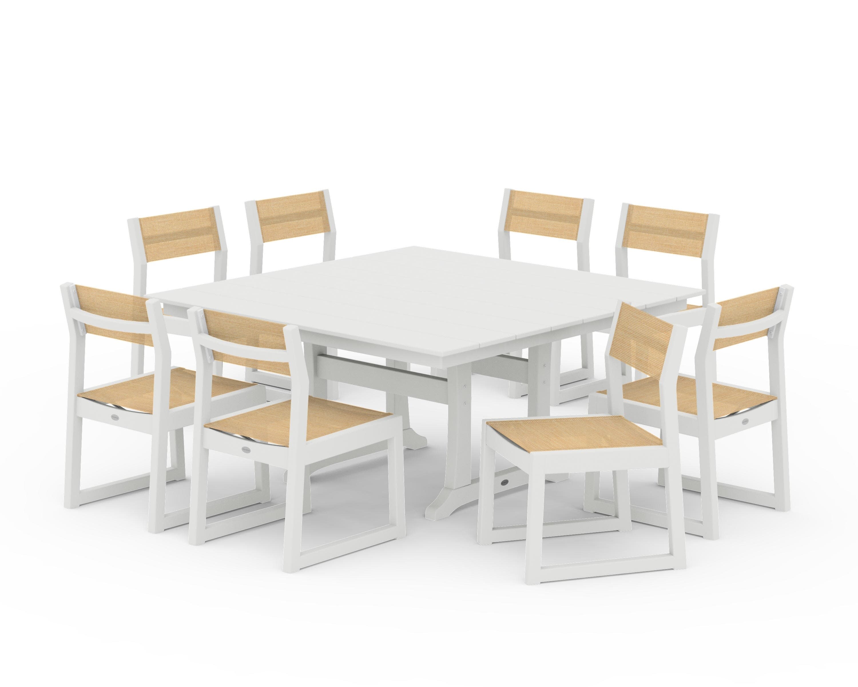 EDGE Sling Side Chair 9-Piece Farmhouse Trestle Dining Set in Vintage White / Dupioni Apricot Sling