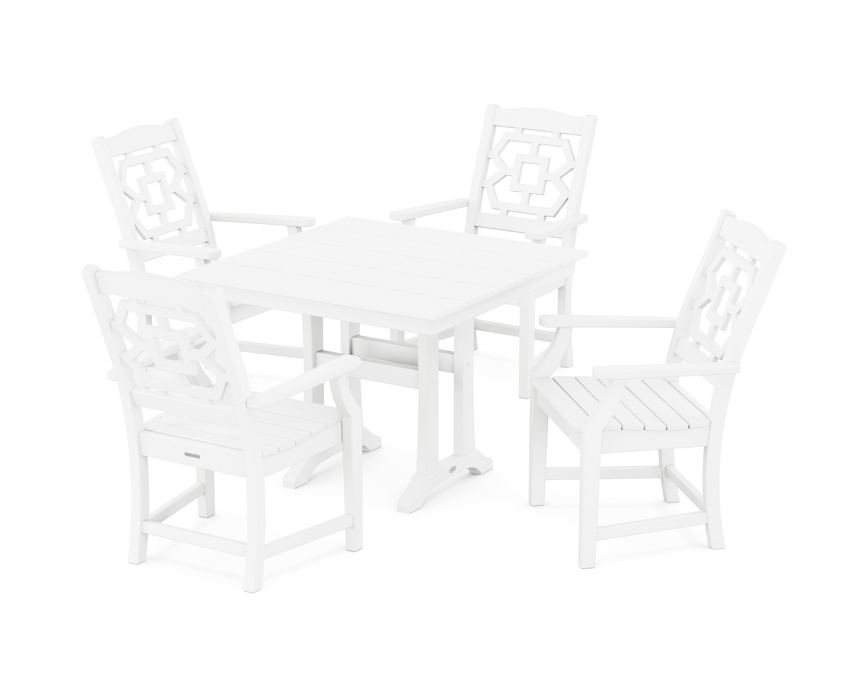 Chinoiserie 5-Piece Farmhouse Dining Set with Trestle Legs in White