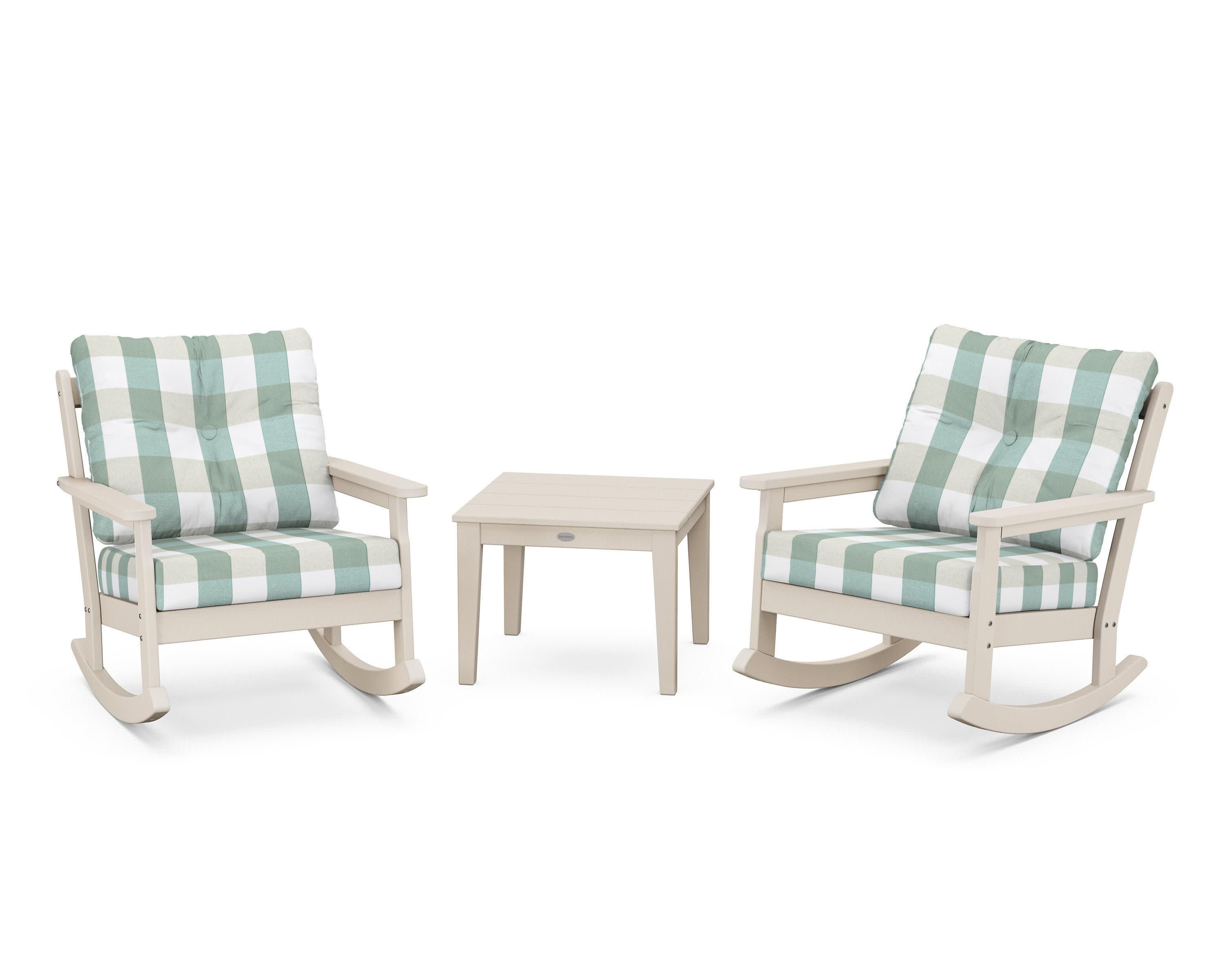 Vineyard 3-Piece Deep Seating Rocker Set in Sand / Buffalo Plaid Glacier Spa