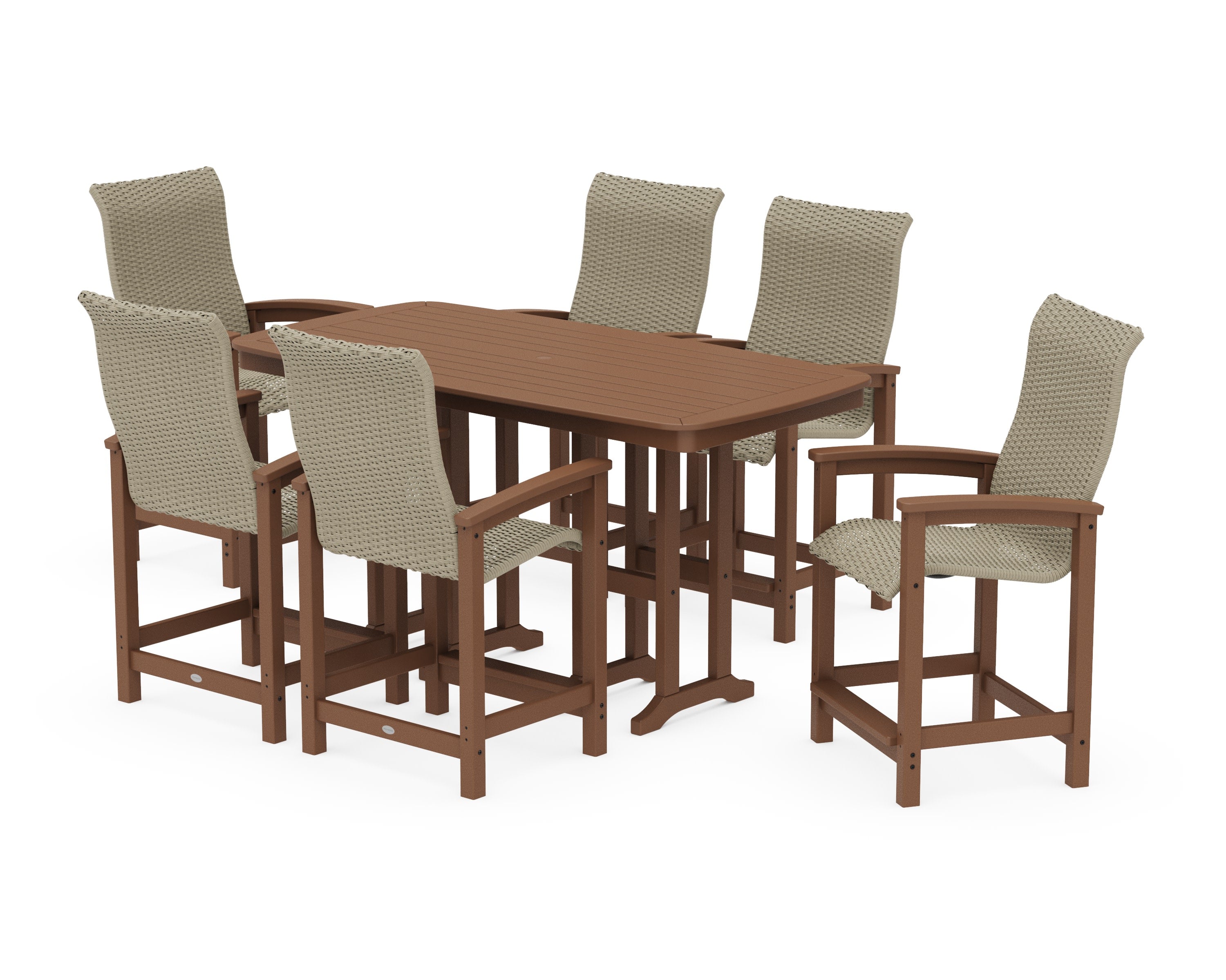 Coastal Woven High-Back Arm Chair 7-Piece Counter Set in Teak / Dune Grass