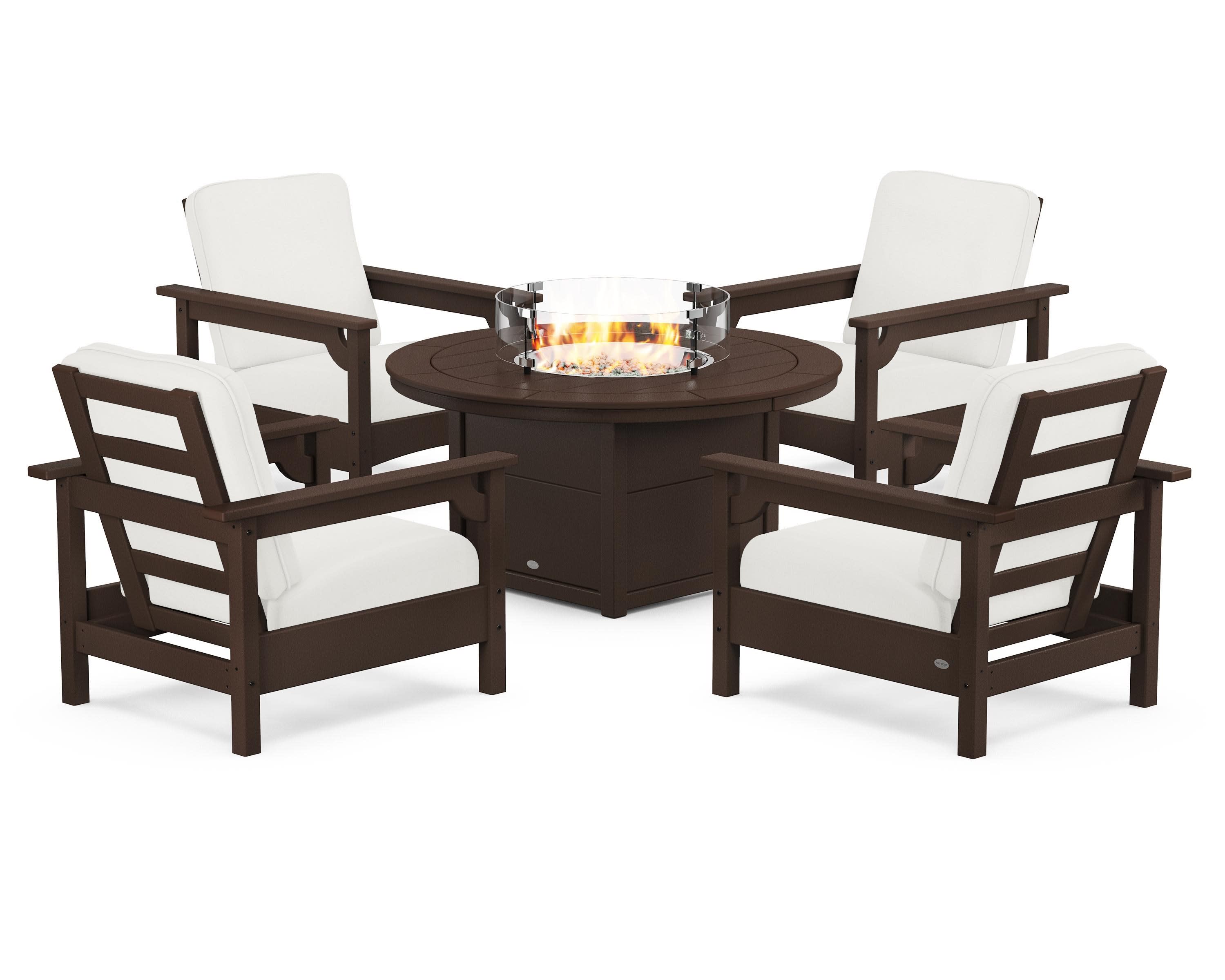 Club 5-Piece Conversation Set with Fire Pit Table in Mahogany / Natural Linen
