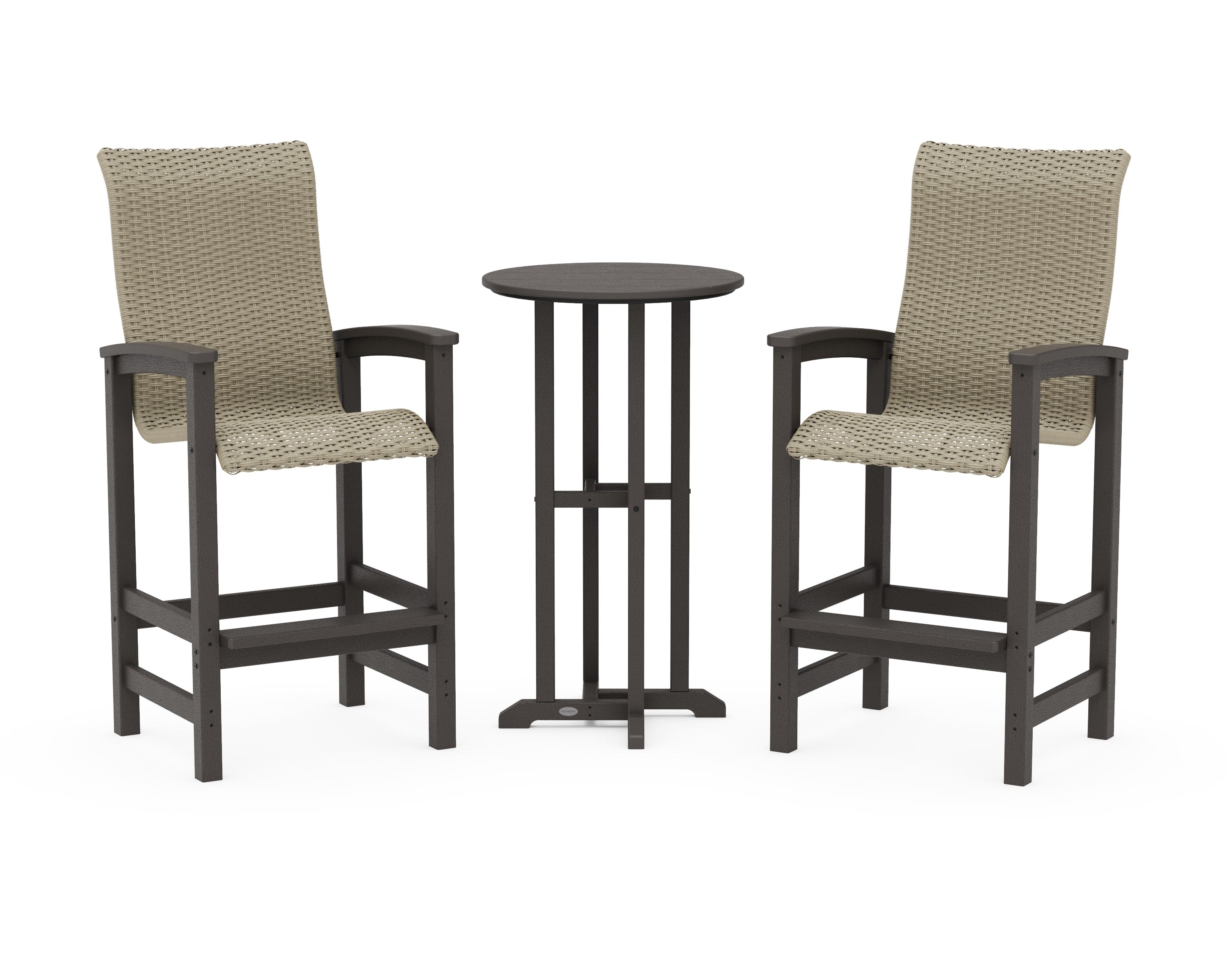 Coastal Woven High-Back 3-Piece Farmhouse Bar Set in Vintage Coffee / Dune Grass