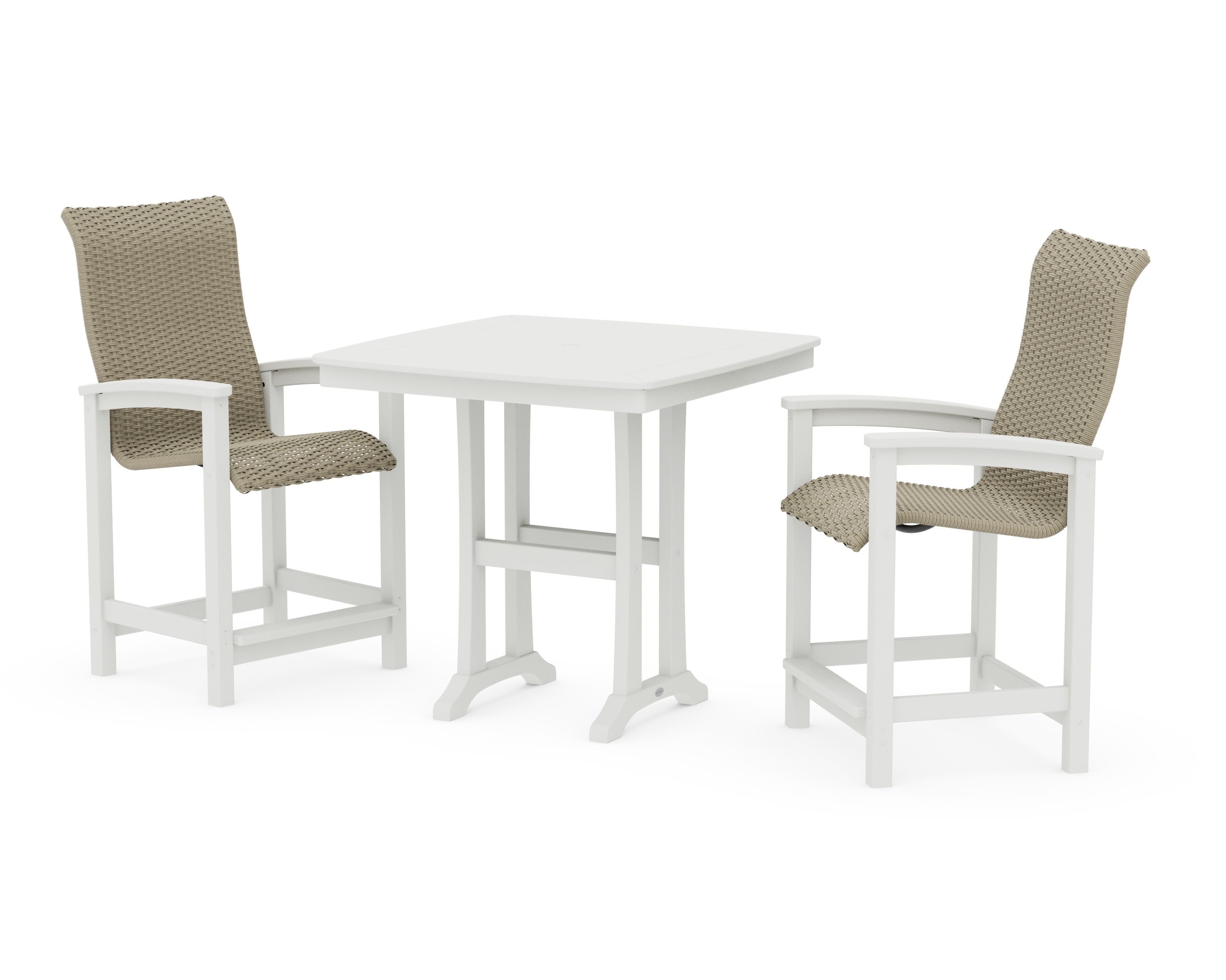 Coastal Woven High-Back 3-Piece Counter Set with Trestle Legs in Vintage White / Dune Grass