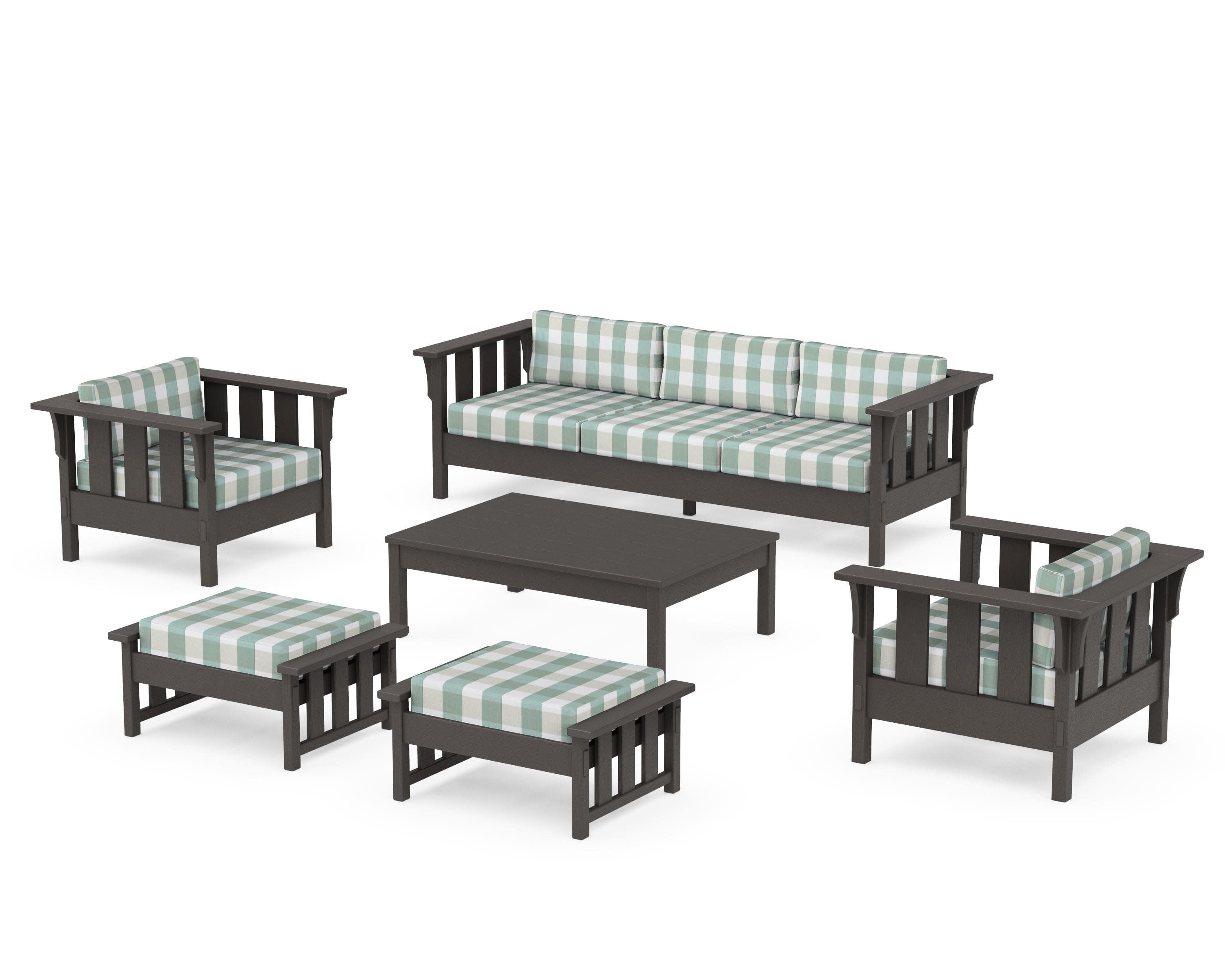 Acadia 6-Piece Lounge Sofa Set in Vintage Coffee / Buffalo Plaid Glacier Spa
