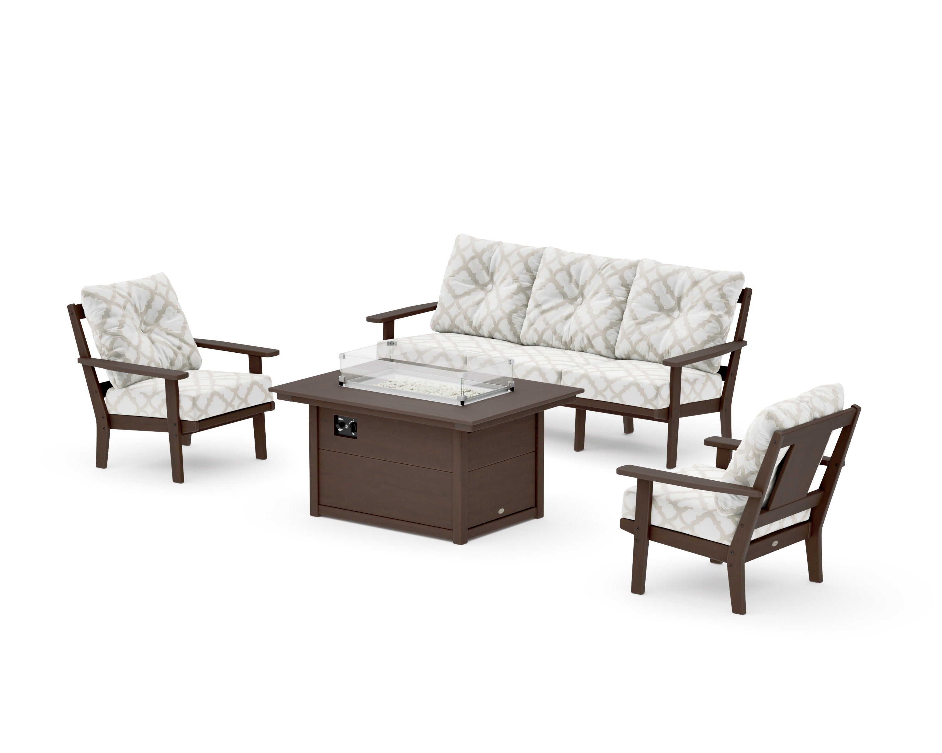 Prairie Deep Seating Fire Pit Table Set in Kona / Trellis Dune Burlap