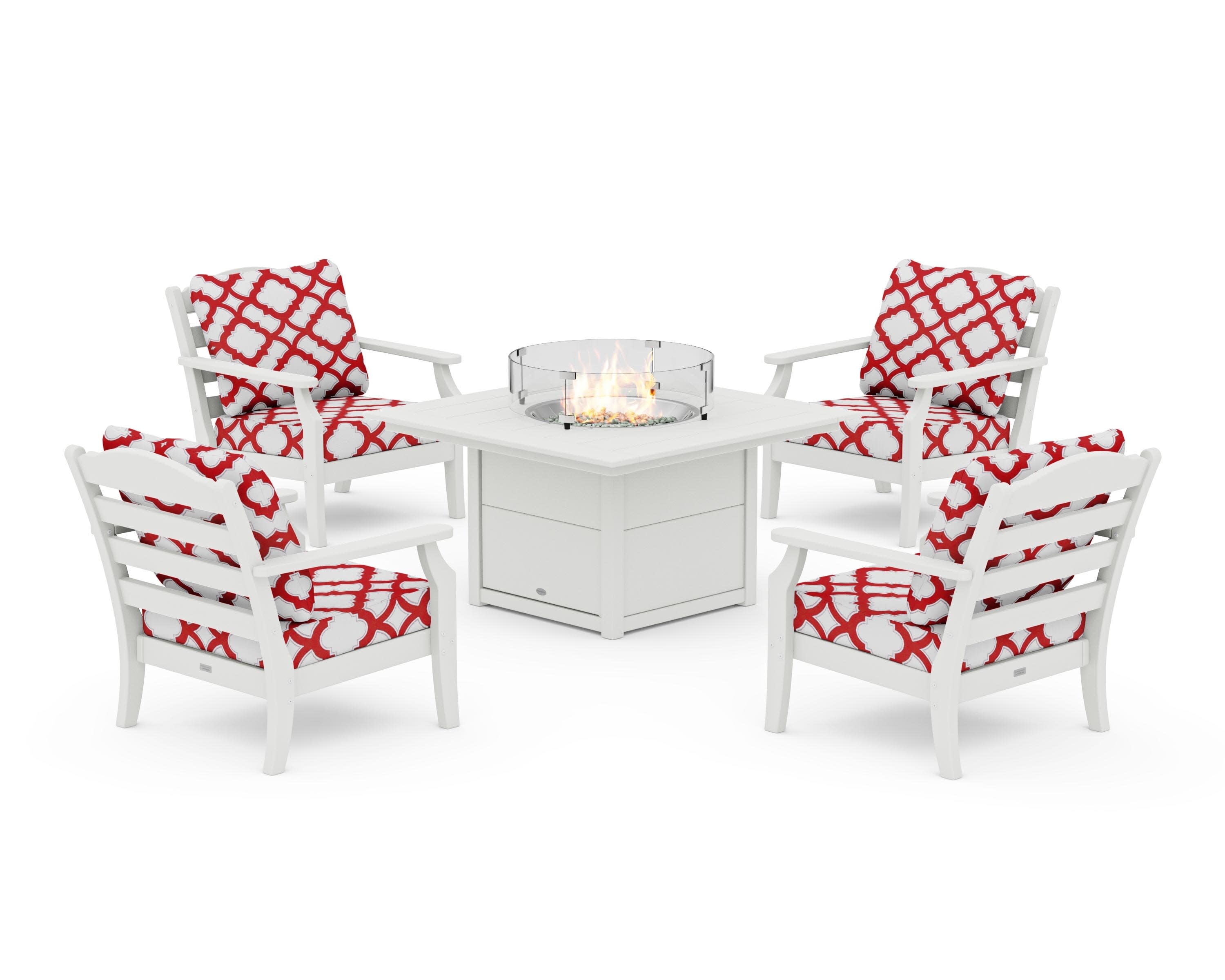 Savannah 5-Piece Deep Seating Set with Fire Pit Table in Vintage White / Trellis Crimson