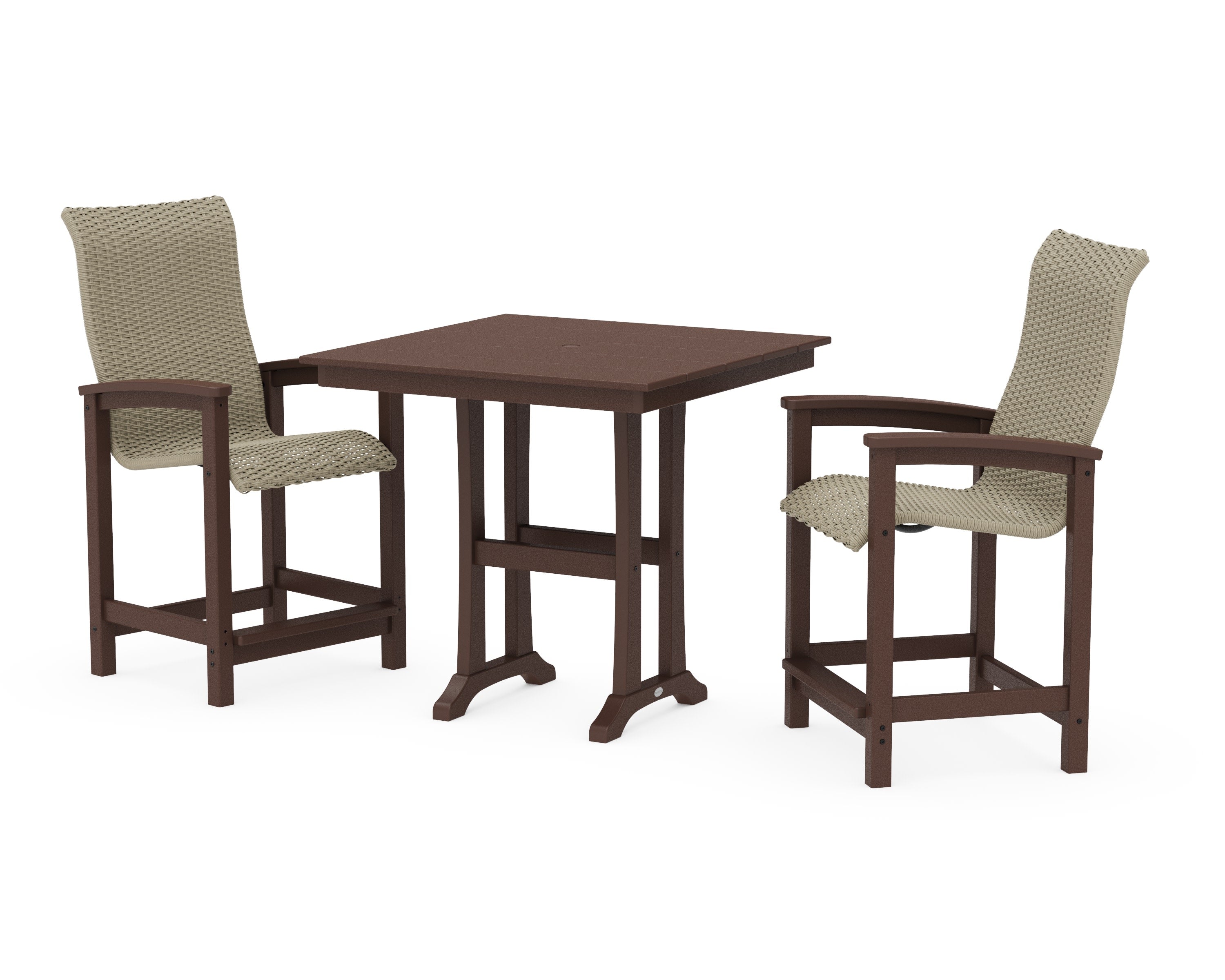Coastal Woven High-Back 3-Piece Farmhouse Counter Set with Trestle Legs in Mahogany / Dune Grass