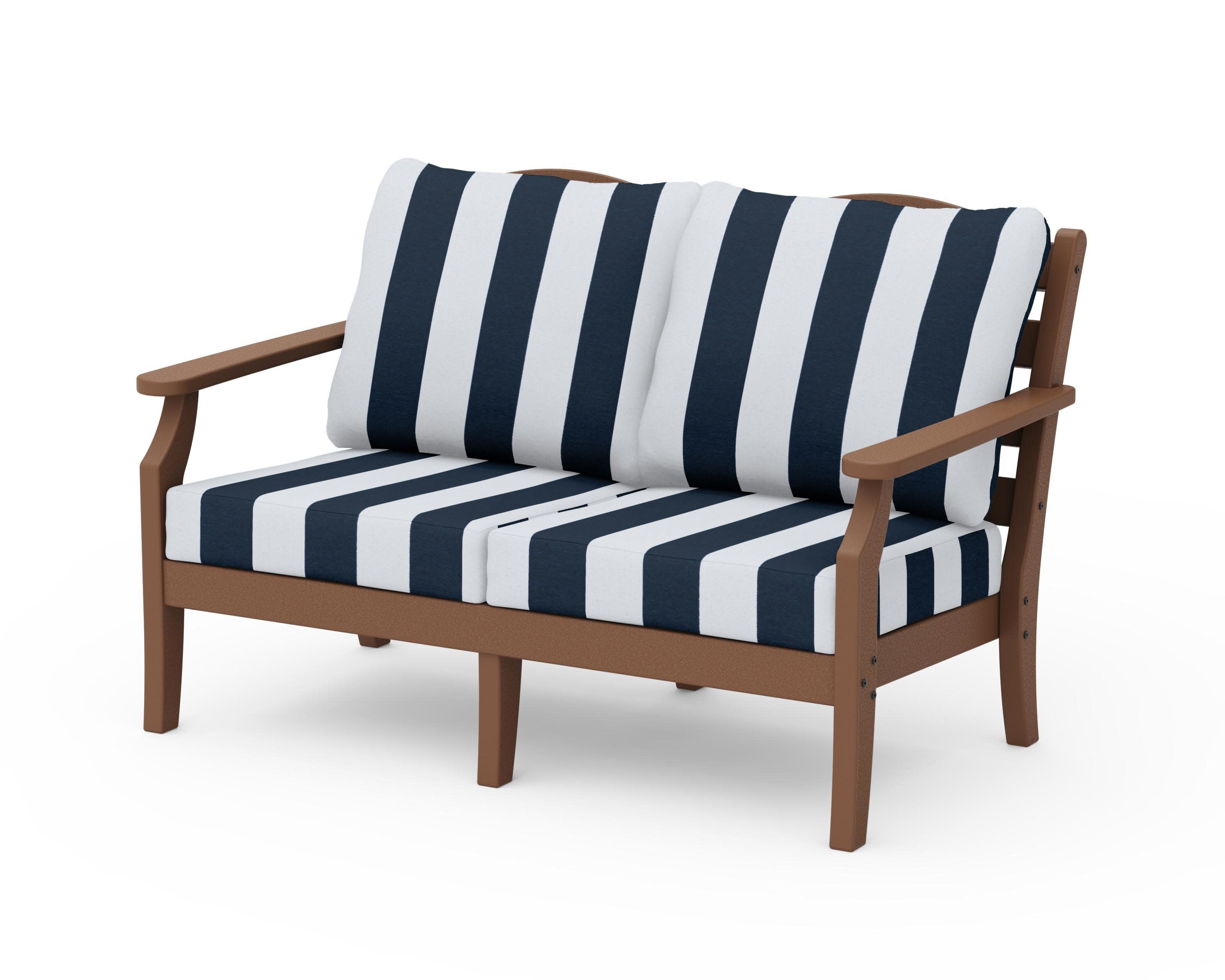 Savannah Deep Seating Loveseat in Teak / Cabana Stripe Marine Indigo