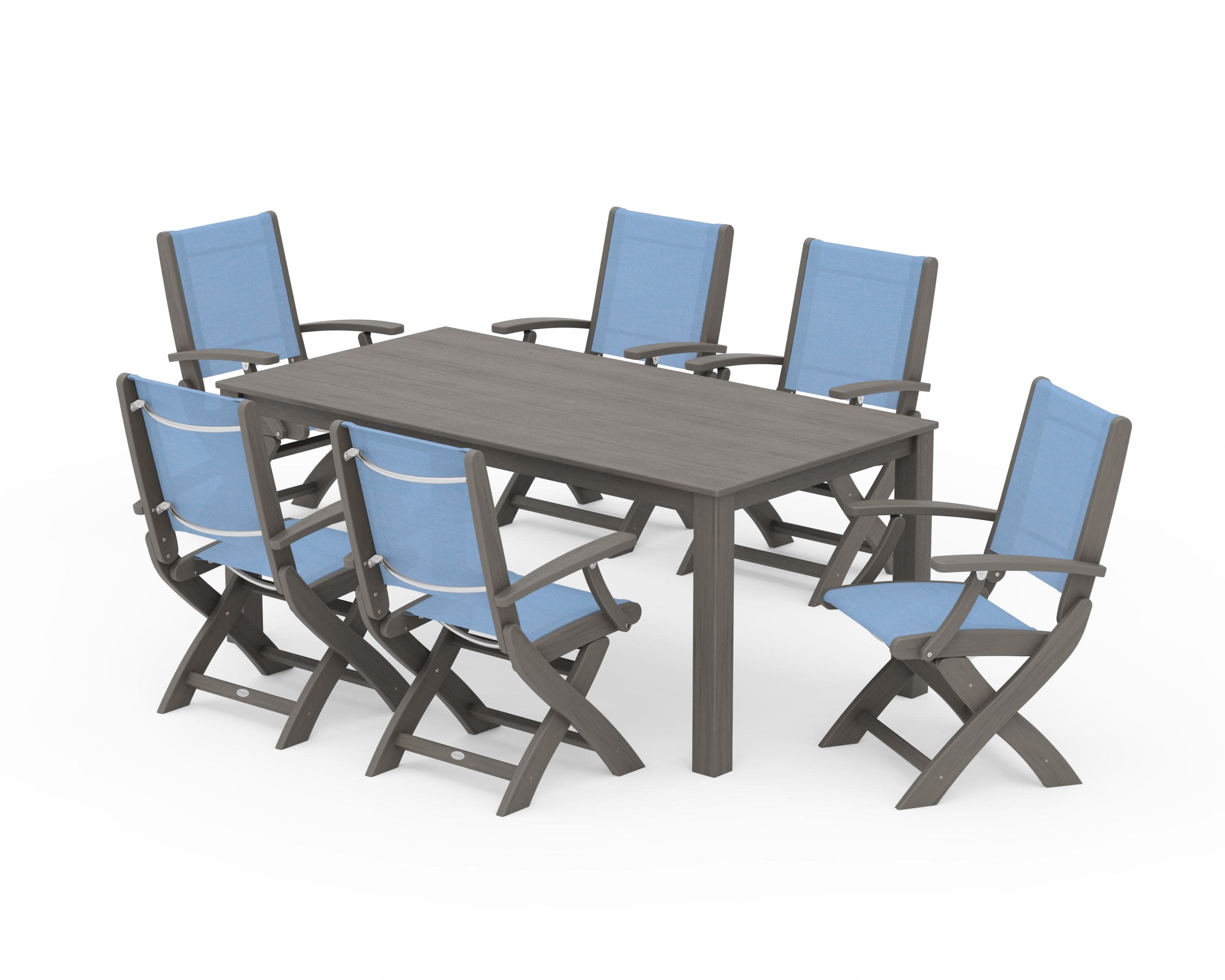 Coastal Folding Chair 7-Piece Parsons Dining Set in Driftwood / Poolside Sling