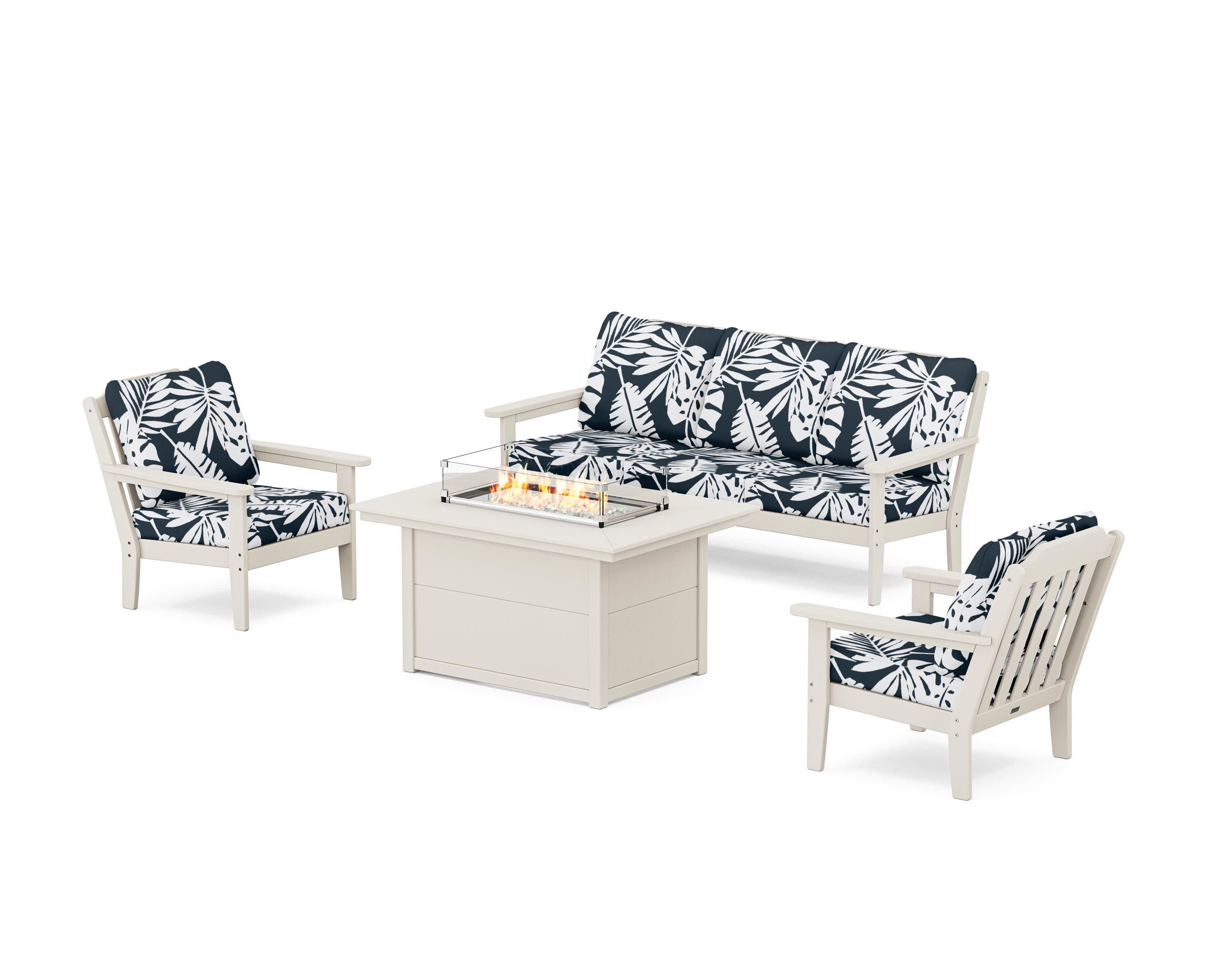 Cottage Deep Seating Fire Pit Table Set in Sand / Leaf Marine Indigo