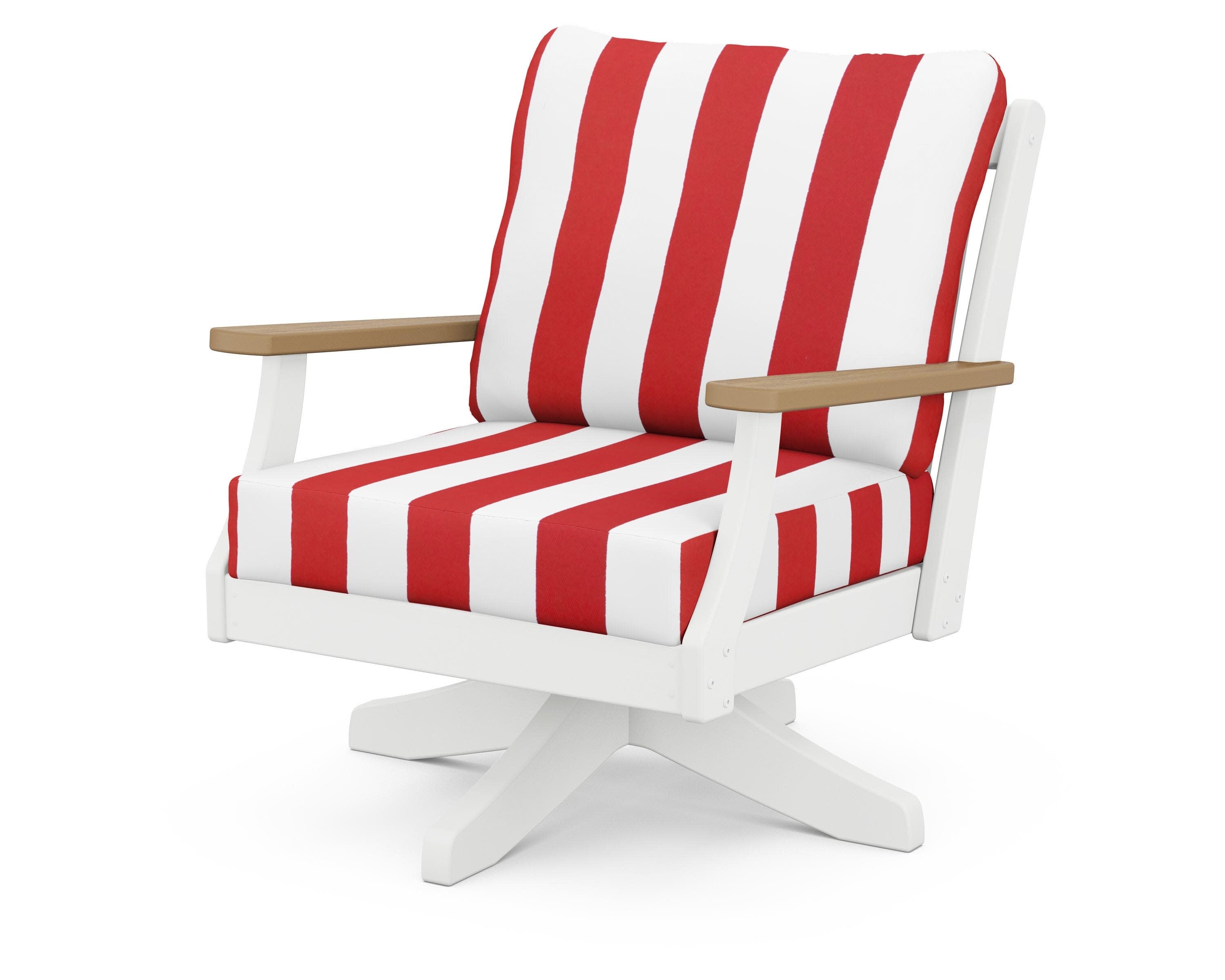 Braxton Deep Seating Swivel Chair in White / Natural / Cabana Stripe Crimson