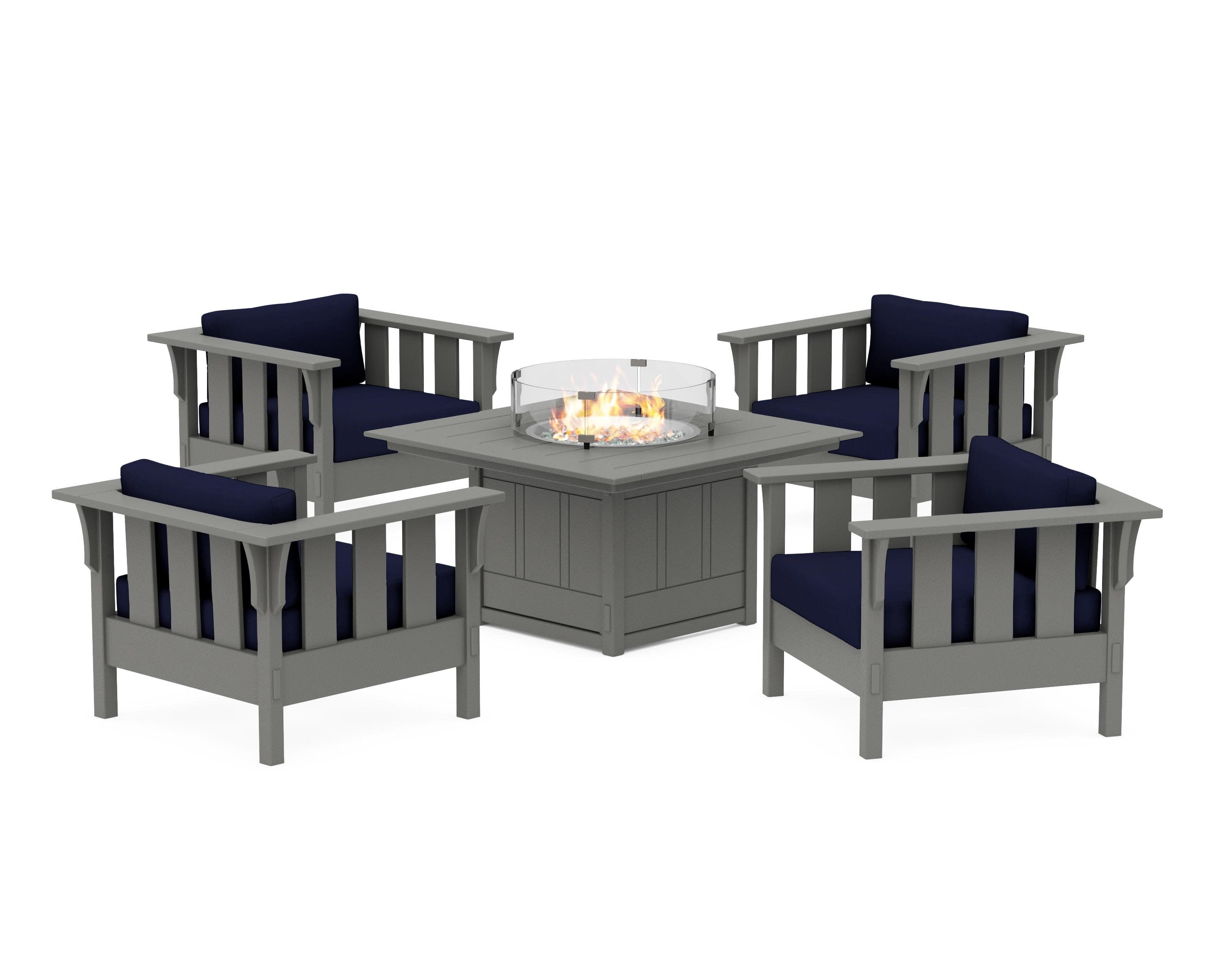 Acadia 5-Piece Deep Seating Set with Fire Pit Table in Slate Grey / Navy