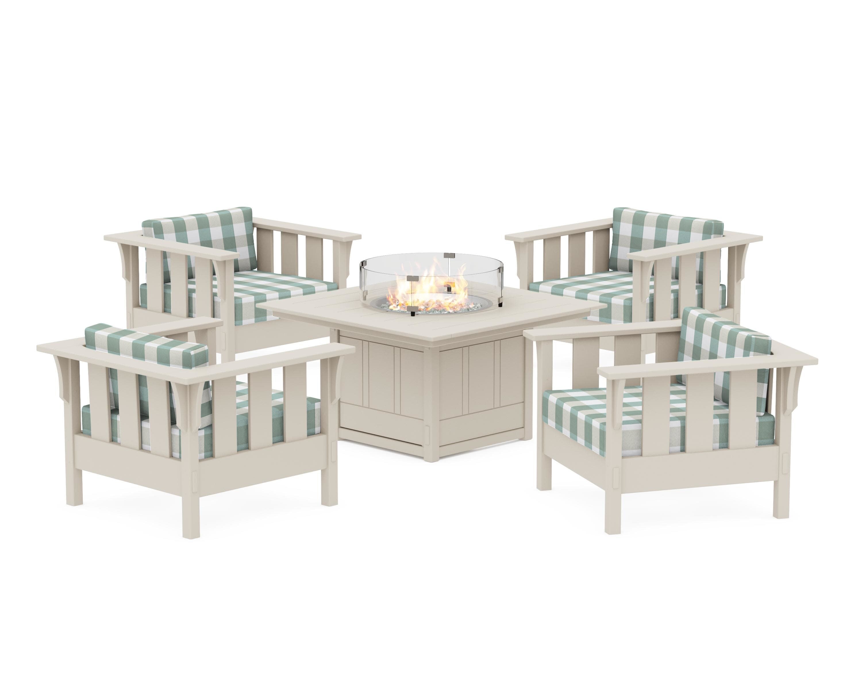 Acadia 5-Piece Deep Seating Set with Fire Pit Table in Sand / Buffalo Plaid Glacier Spa