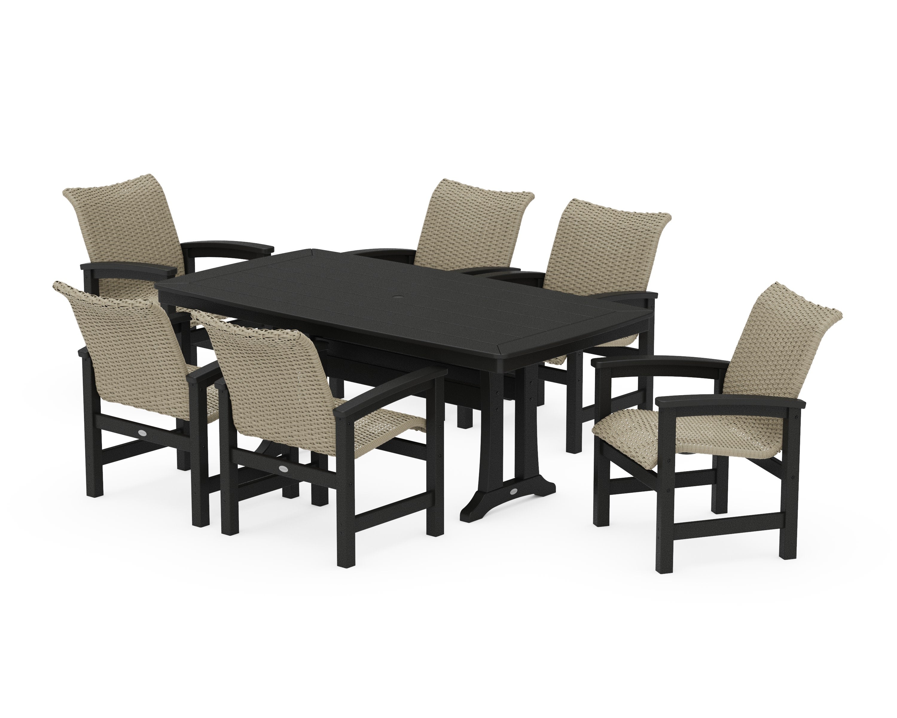 Coastal Woven Arm Chair 7-Piece Dining Set with Trestle Legs in Black / Dune Grass