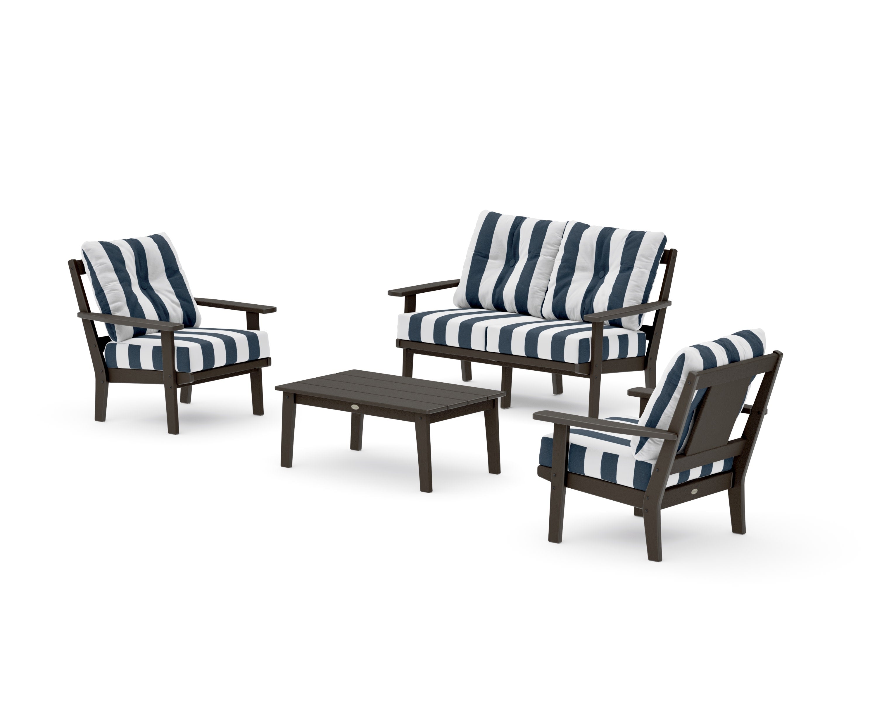 Prairie 4-Piece Deep Seating Set with Loveseat in Vintage Coffee / Cabana Stripe Marine Indigo