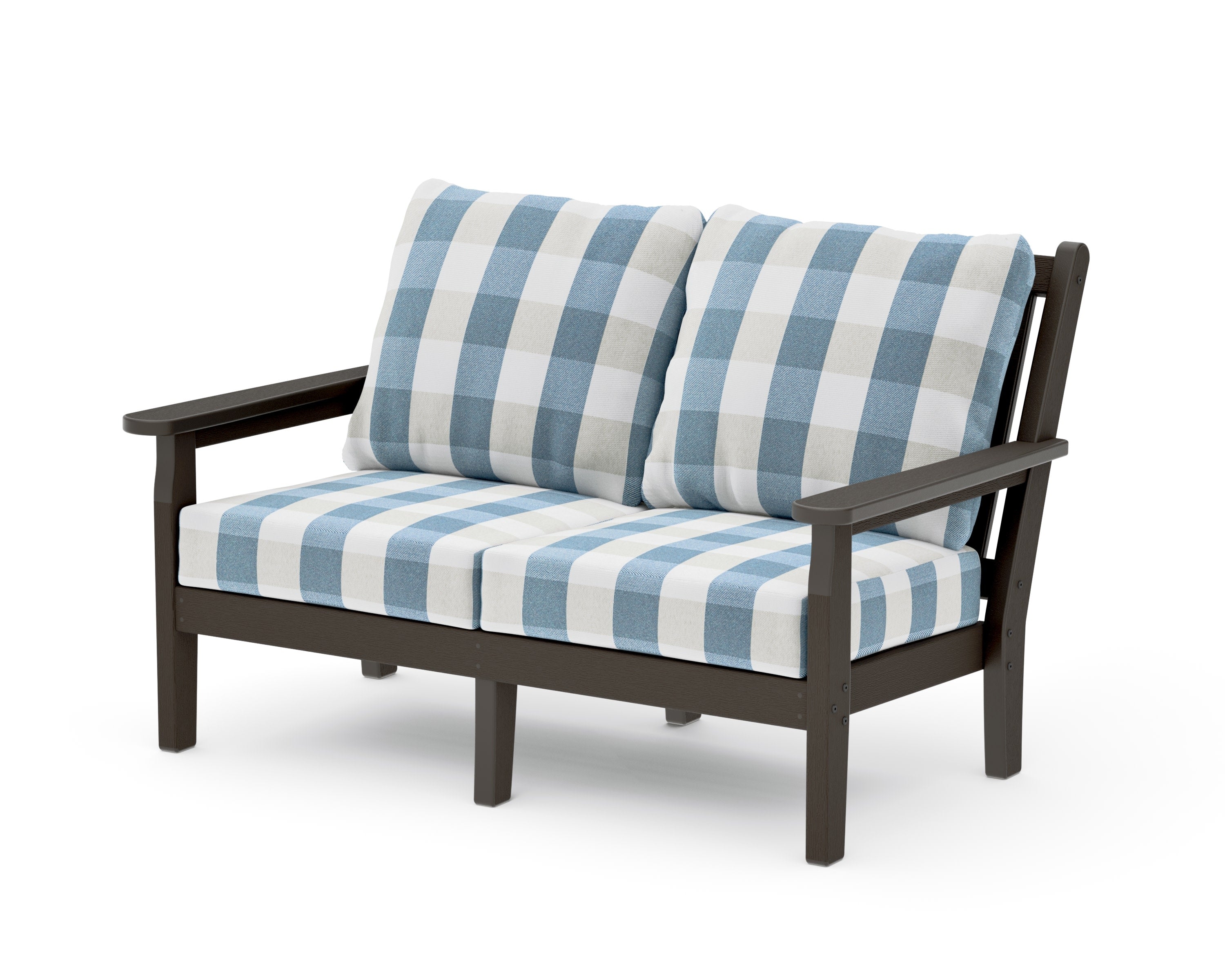 Chippendale Deep Seating Loveseat in Vintage Coffee / Buffalo Plaid Sky Blue