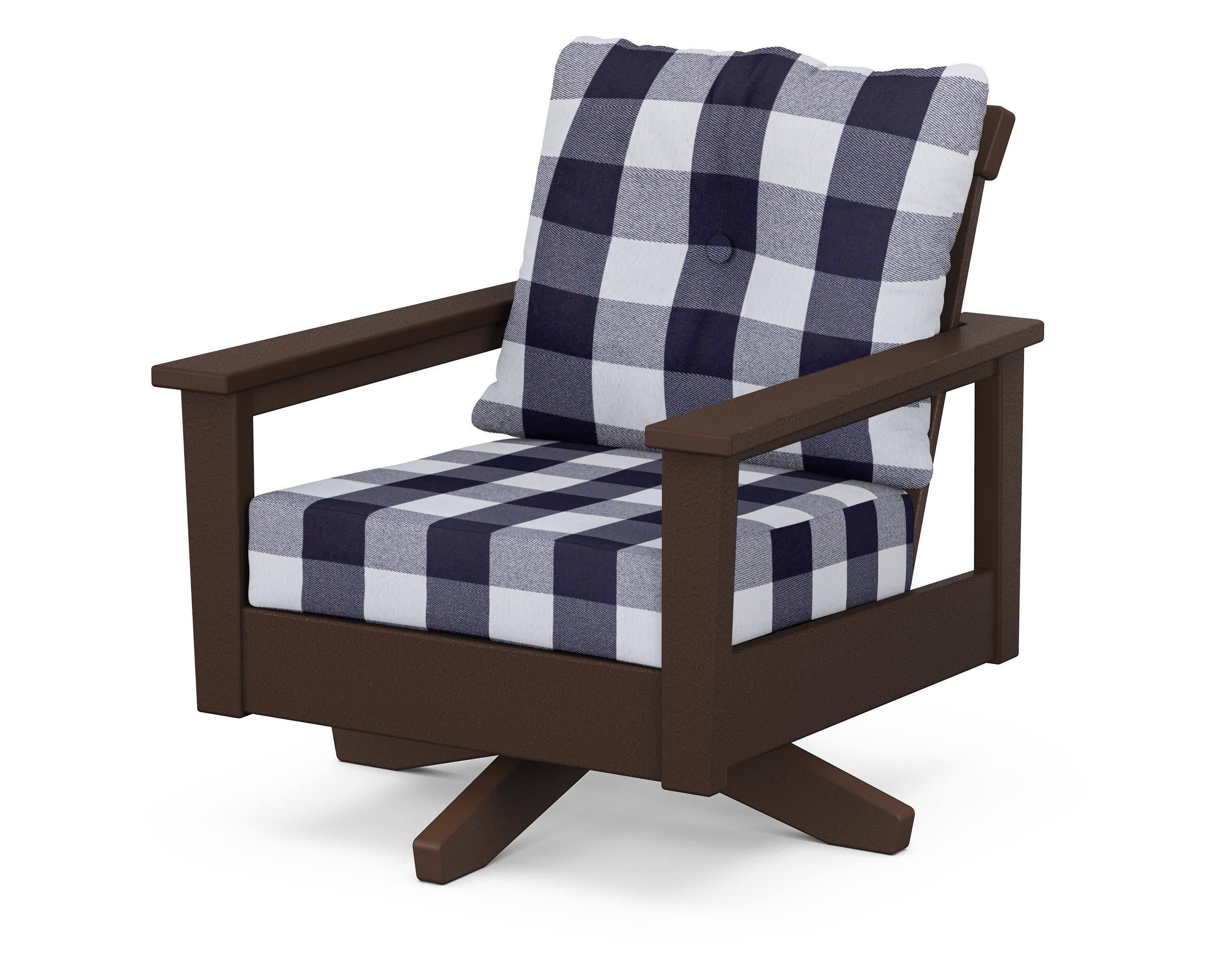 Prescott Deep Seating Swivel Chair in Mahogany / Buffalo Plaid Navy