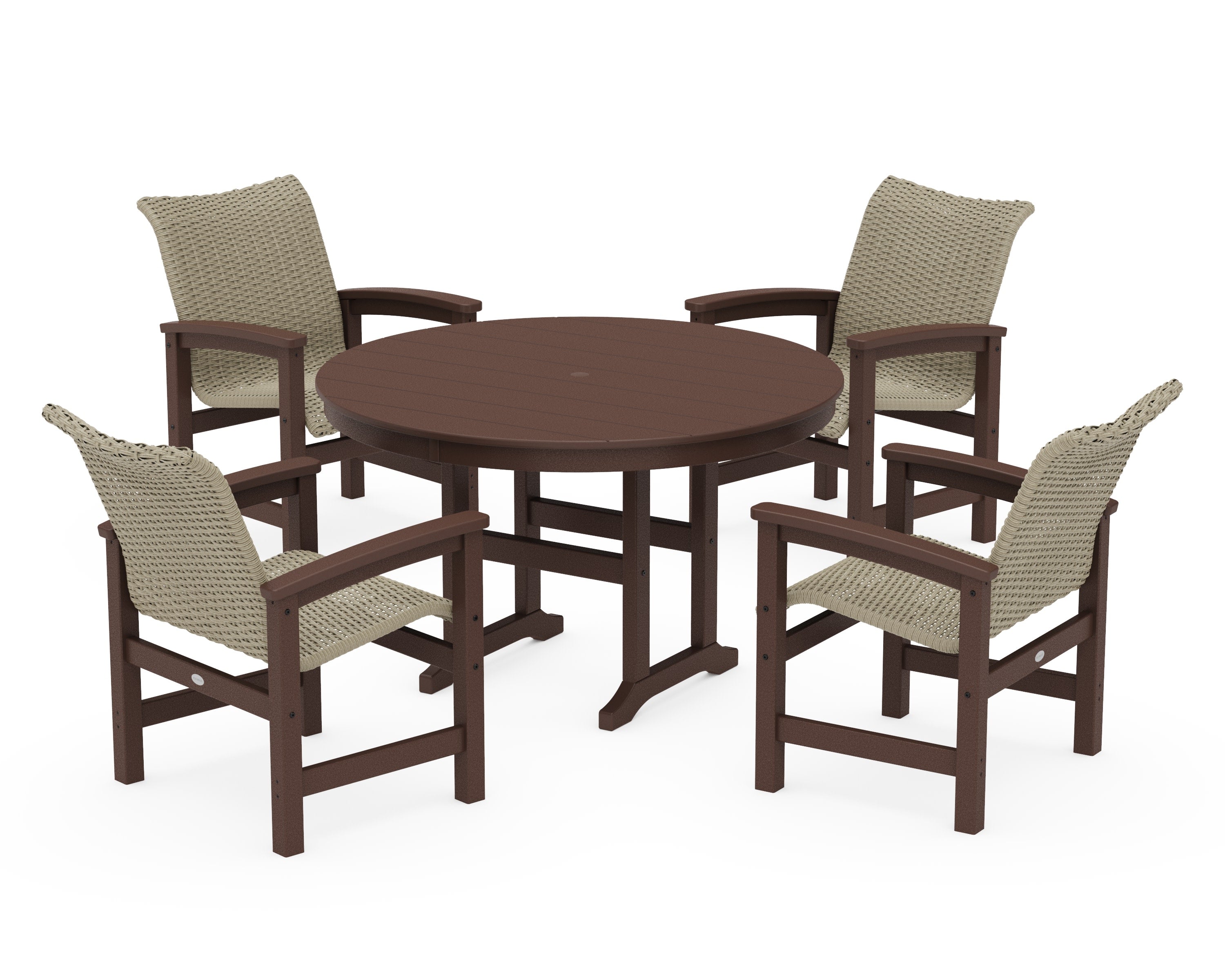 Coastal Woven 5-Piece Round Farmhouse Dining Set in Mahogany / Dune Grass