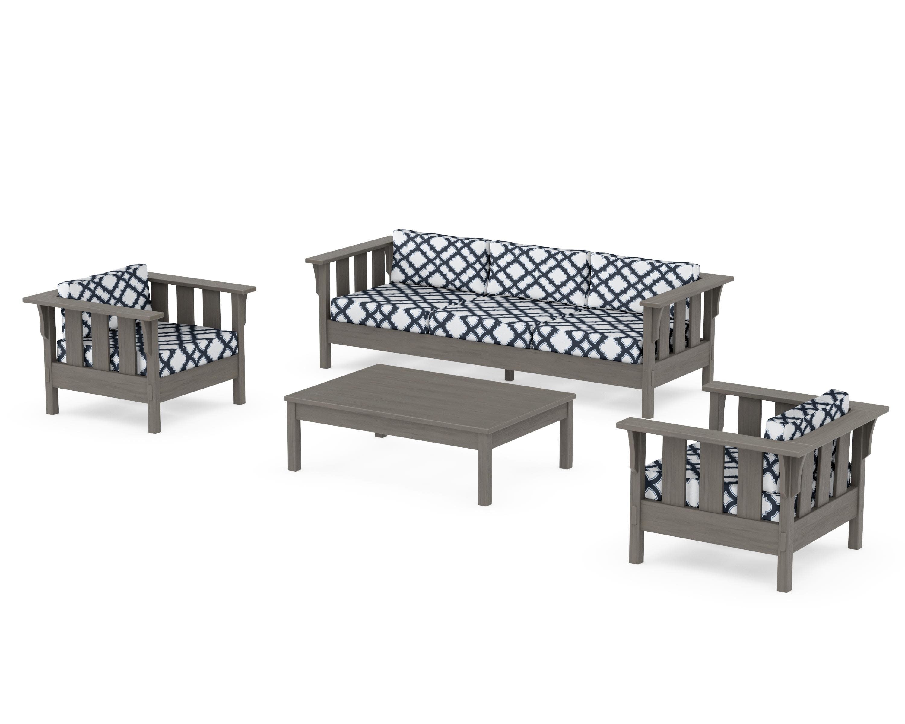 Acadia 4-Piece Deep Seating Set with Sofa in Driftwood / Trellis Marine Indigo