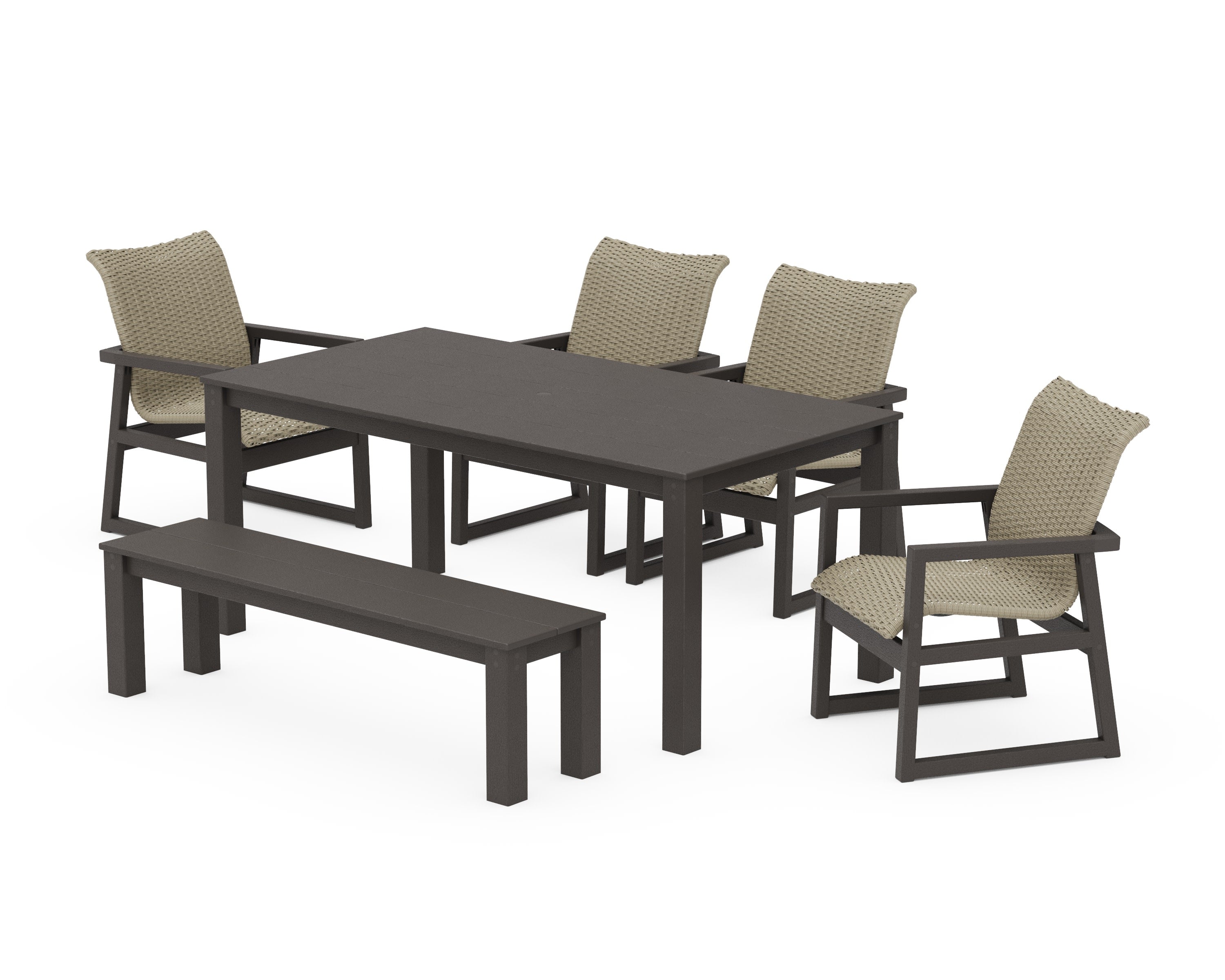 EDGE Woven 6-Piece Parsons Dining Set with Bench in Vintage Coffee / Dune Grass