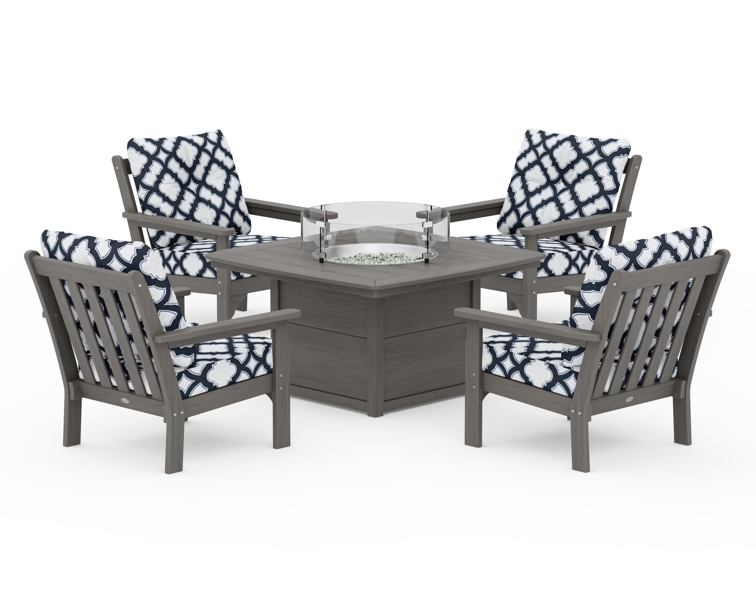 Vineyard 5-Piece Conversation Set with Fire Pit Table in Driftwood / Trellis Marine Indigo