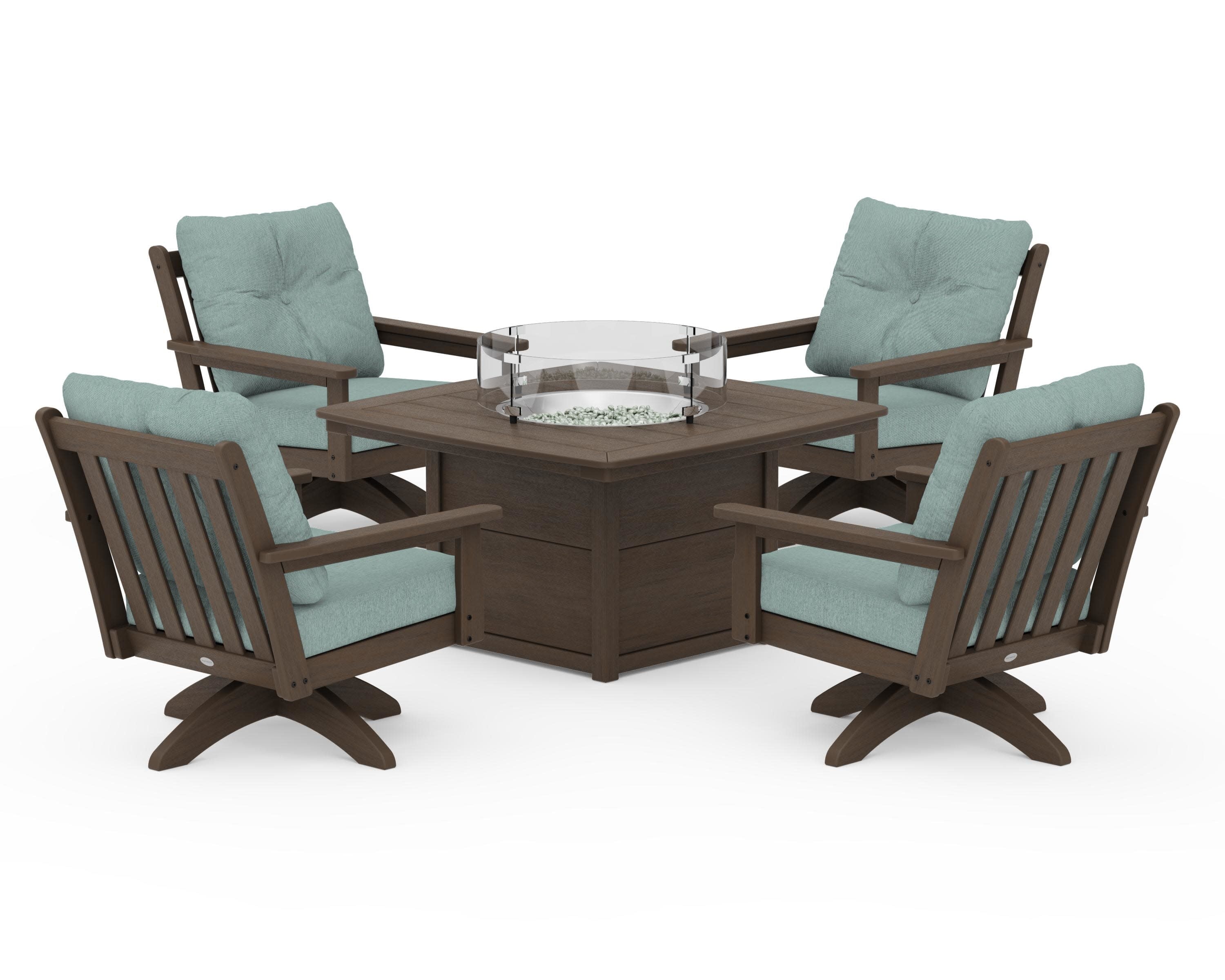Vineyard 5-Piece Deep Seating Swivel Conversation Set with Fire Pit Table in Kona / Glacier Spa