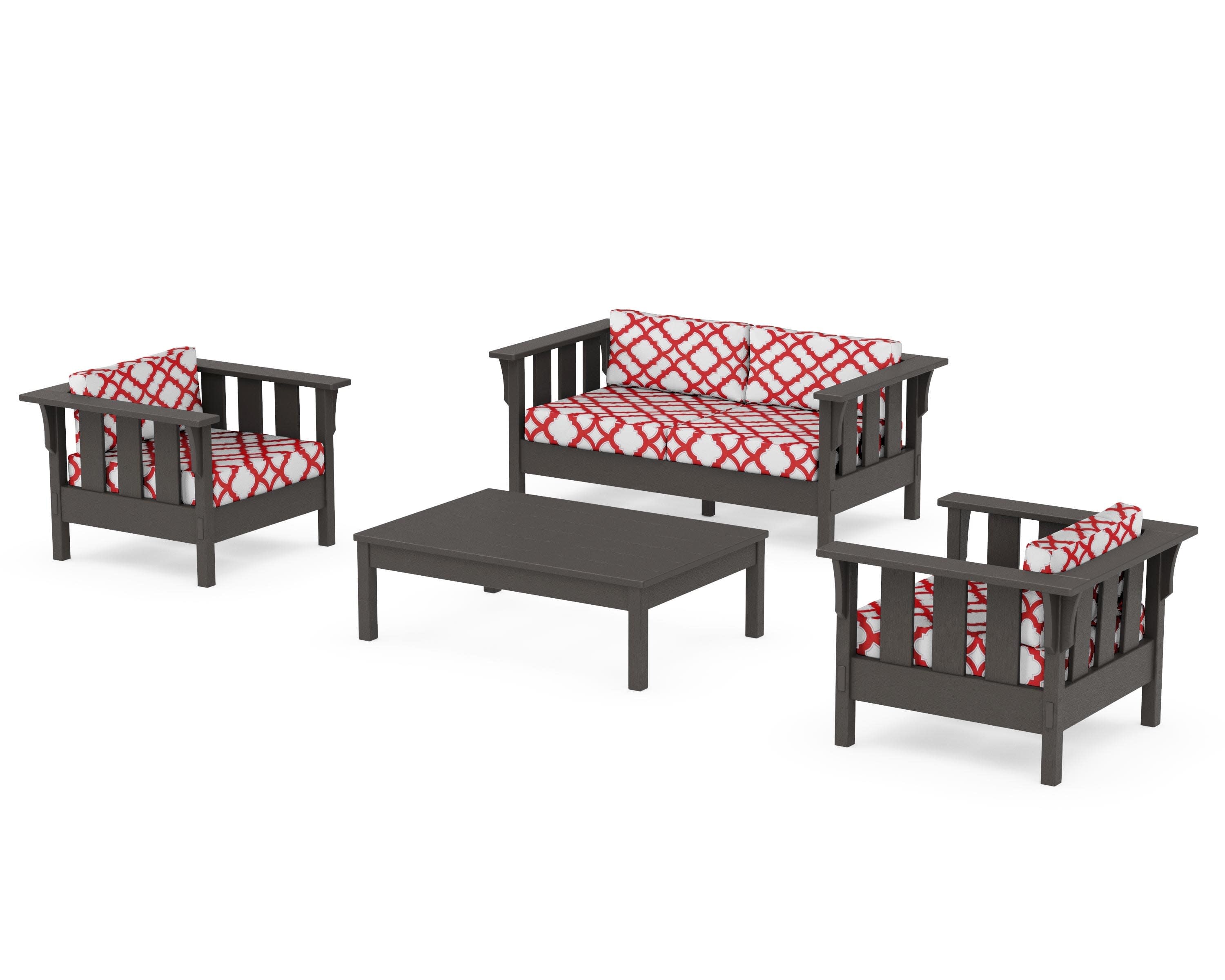 Acadia 4-Piece Deep Seating Set with Loveseat in Vintage Coffee / Trellis Crimson