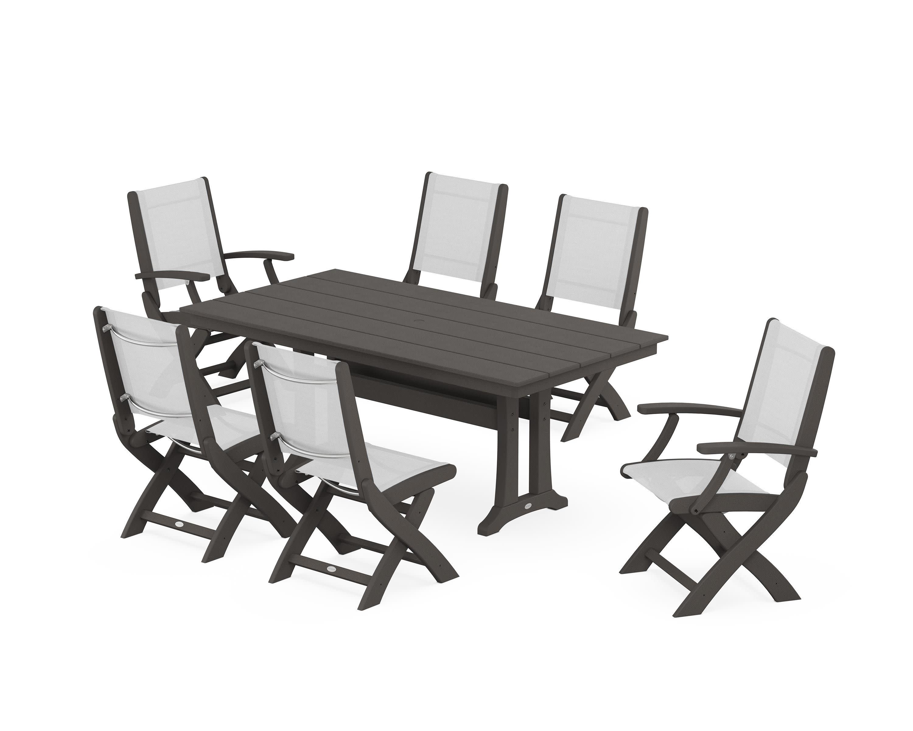 Coastal Folding Chair 7-Piece Farmhouse Dining Set with Trestle Legs in Vintage Coffee / White Sling