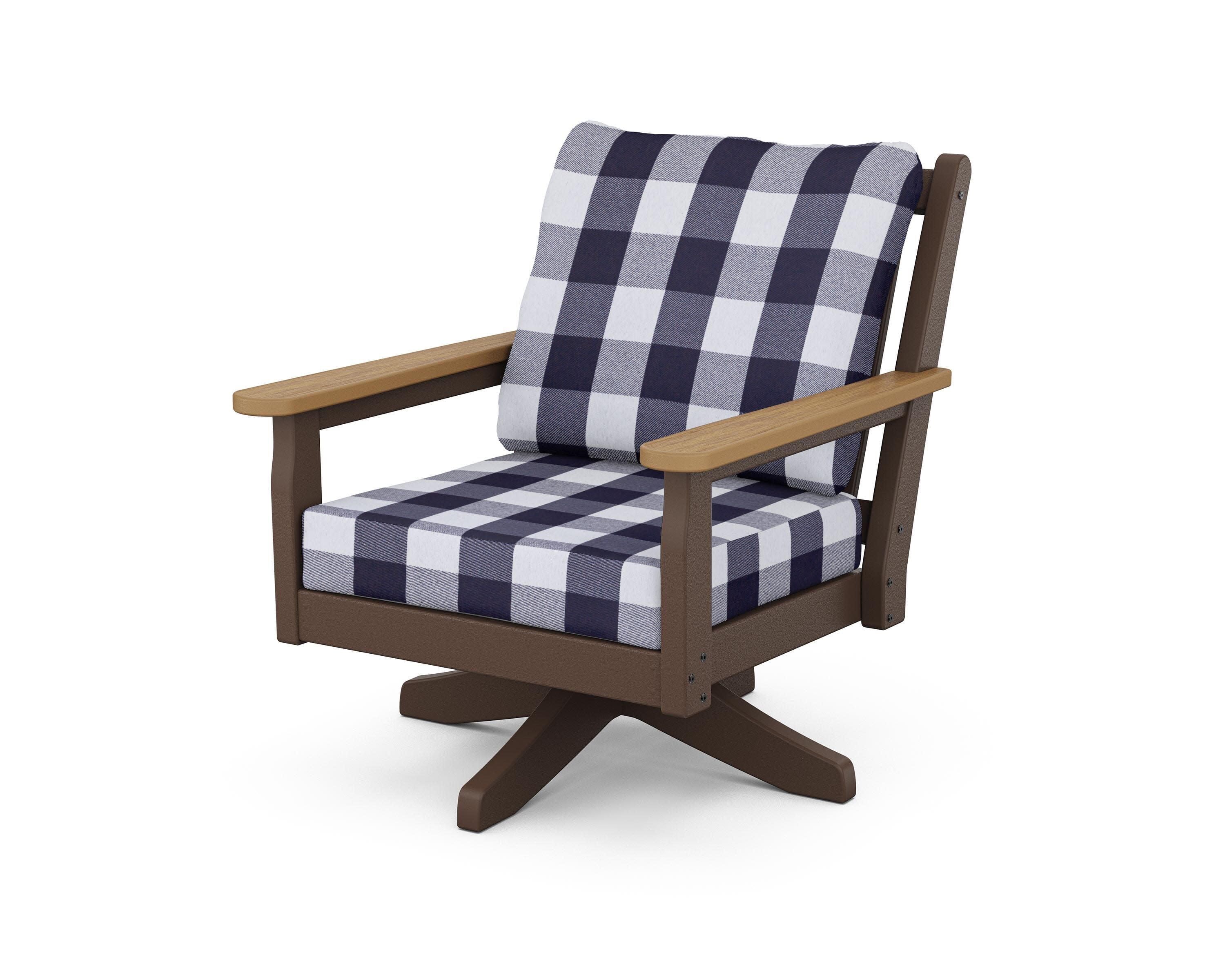 Chippendale Deep Seating Swivel Chair in Mahogany / Natural / Buffalo Plaid Navy