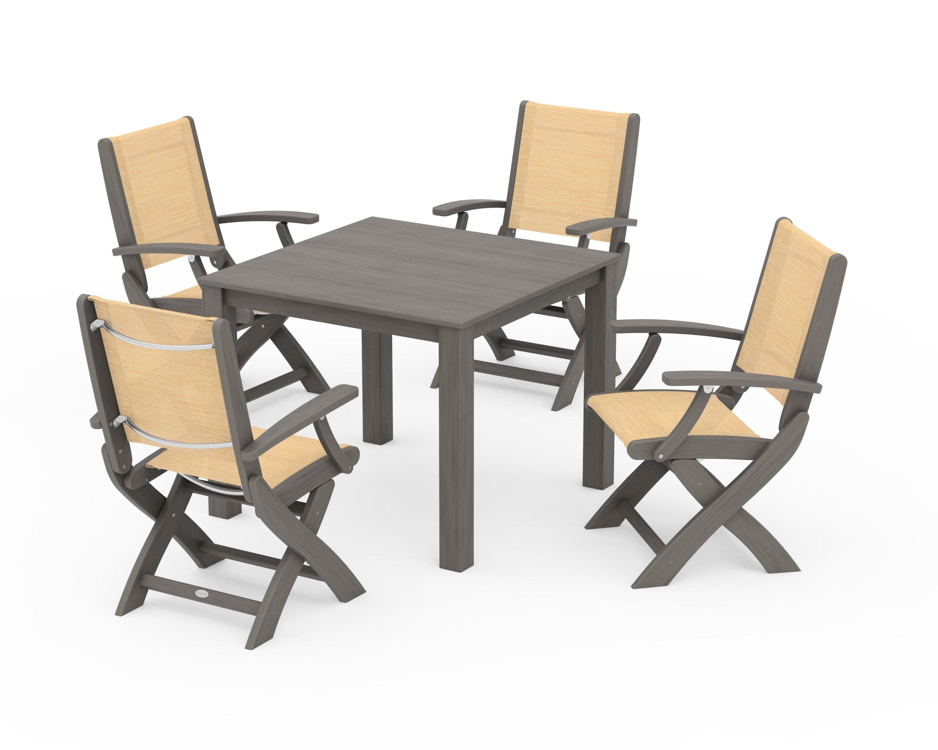Coastal Folding Chair 5-Piece Parsons Dining Set in Driftwood / Dupioni Apricot Sling
