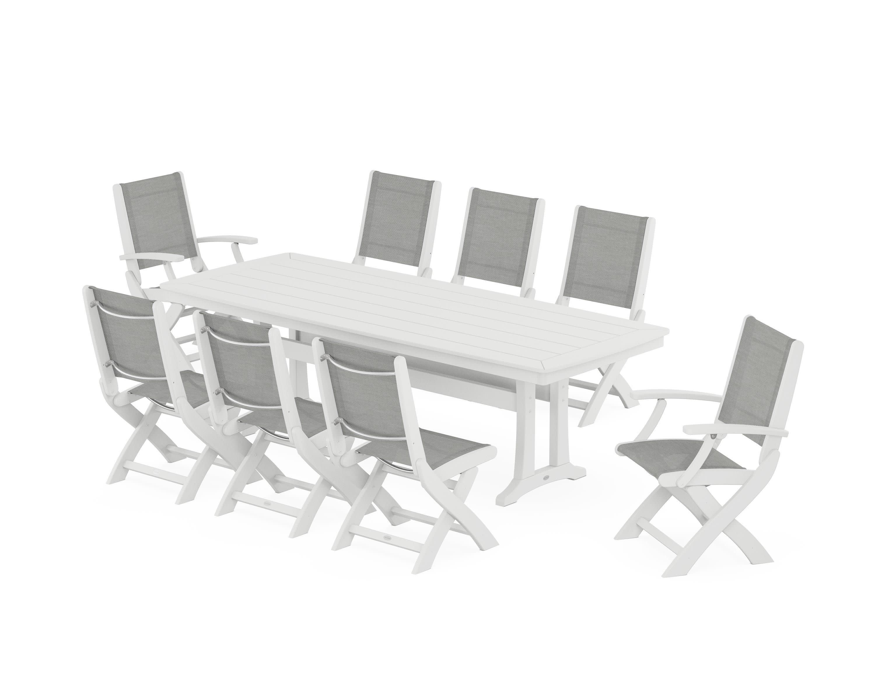 Coastal Folding 9-Piece Dining Set with Trestle Legs in White / Metallic Sling