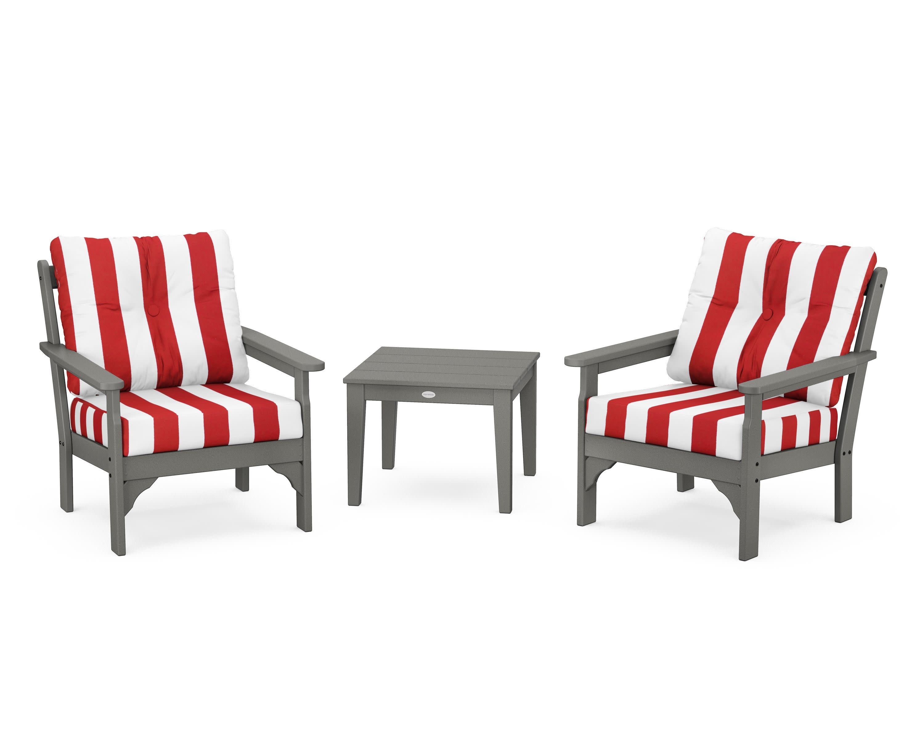 Vineyard 3-Piece Deep Seating Set in Slate Grey / Cabana Stripe Crimson