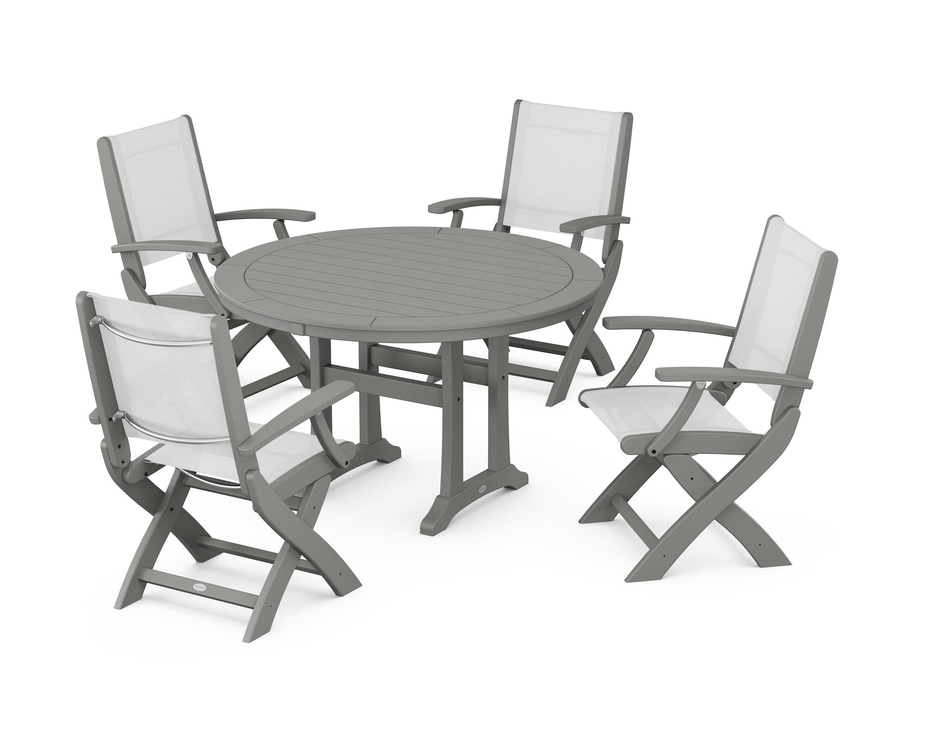 Coastal Folding Chair 5-Piece Round Dining Set with Trestle Legs in Slate Grey / White Sling