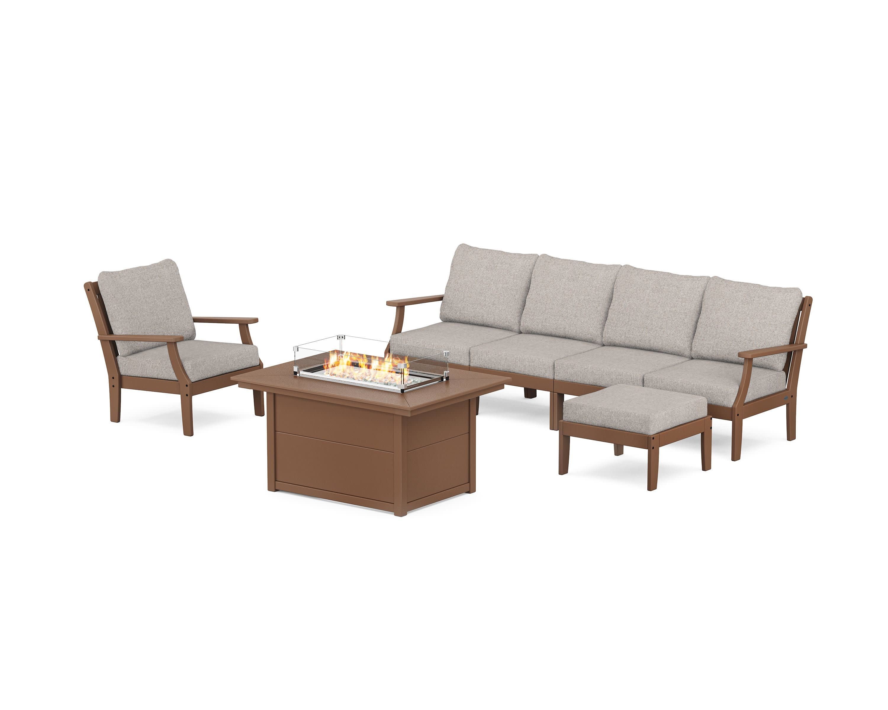 Braxton Sectional Lounge and Fire Pit Set in Teak / Weathered Tweed