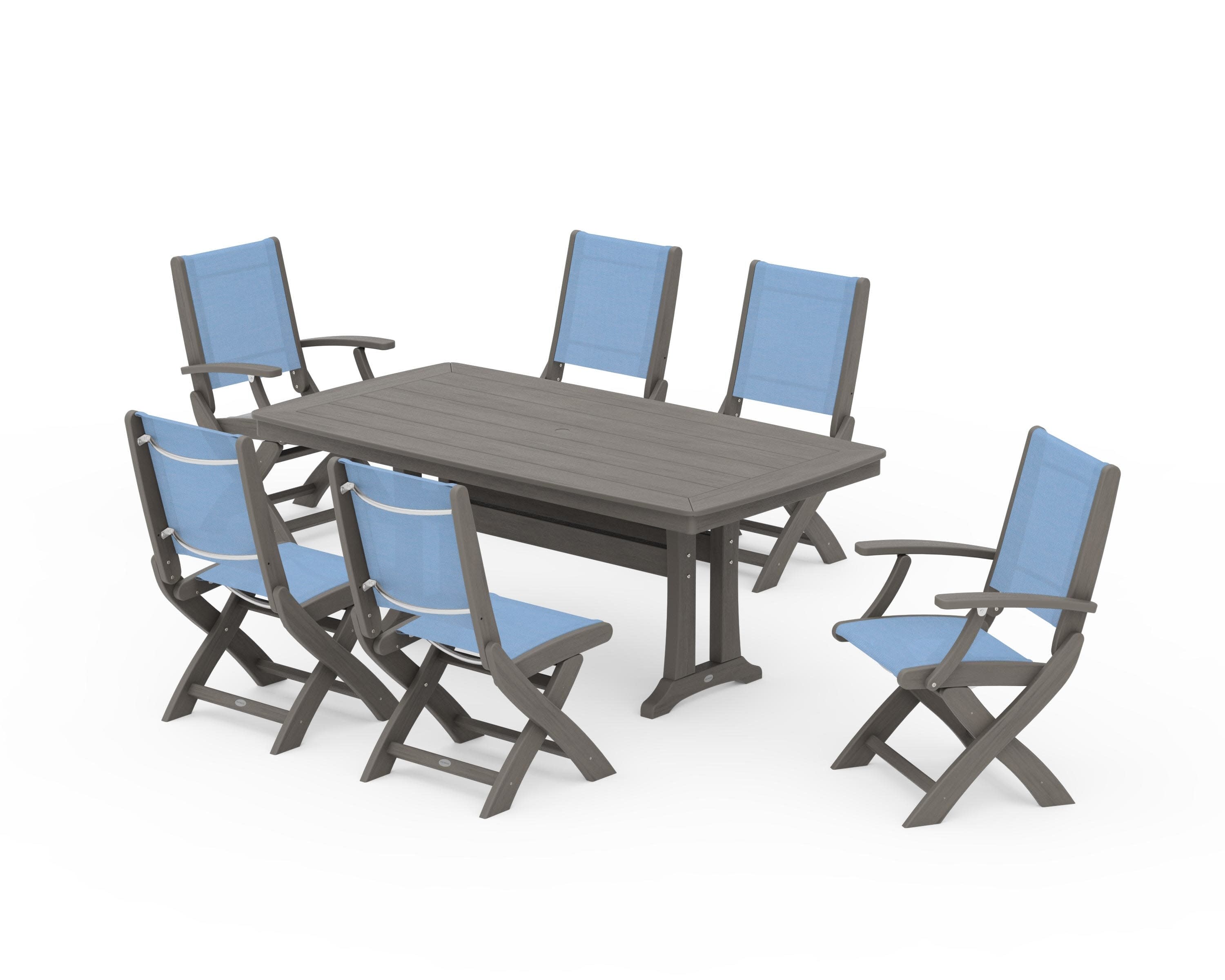 Coastal Folding Chair 7-Piece Dining Set with Trestle Legs in Driftwood / Poolside Sling