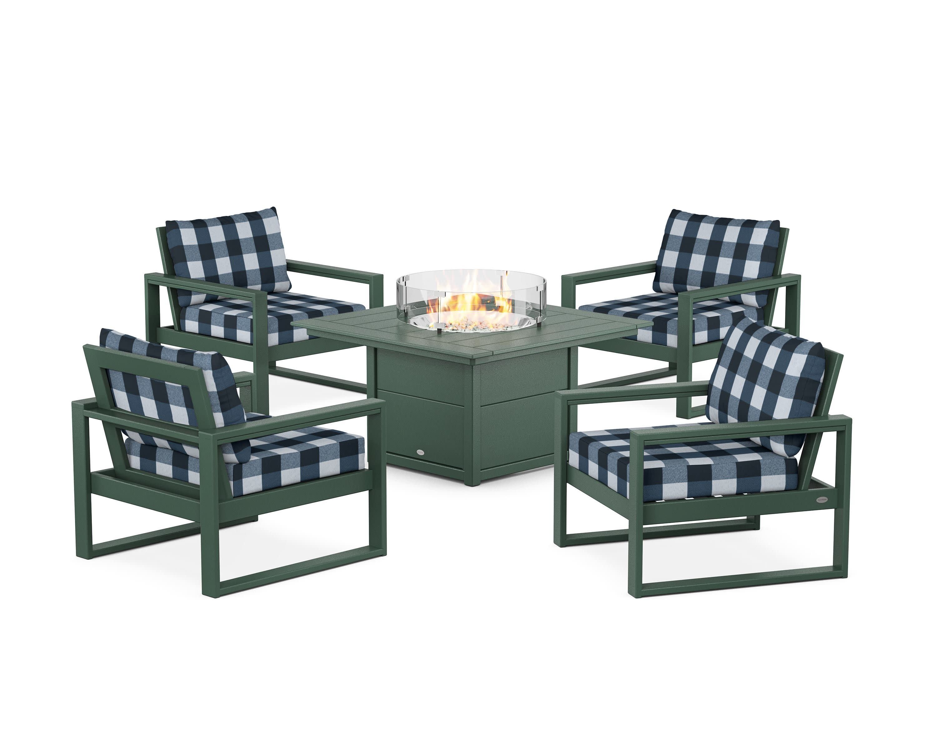 EDGE Sectional 5-Piece Deep Seating Set with Fire Pit Table in Green / Buffalo Plaid Marine Indigo