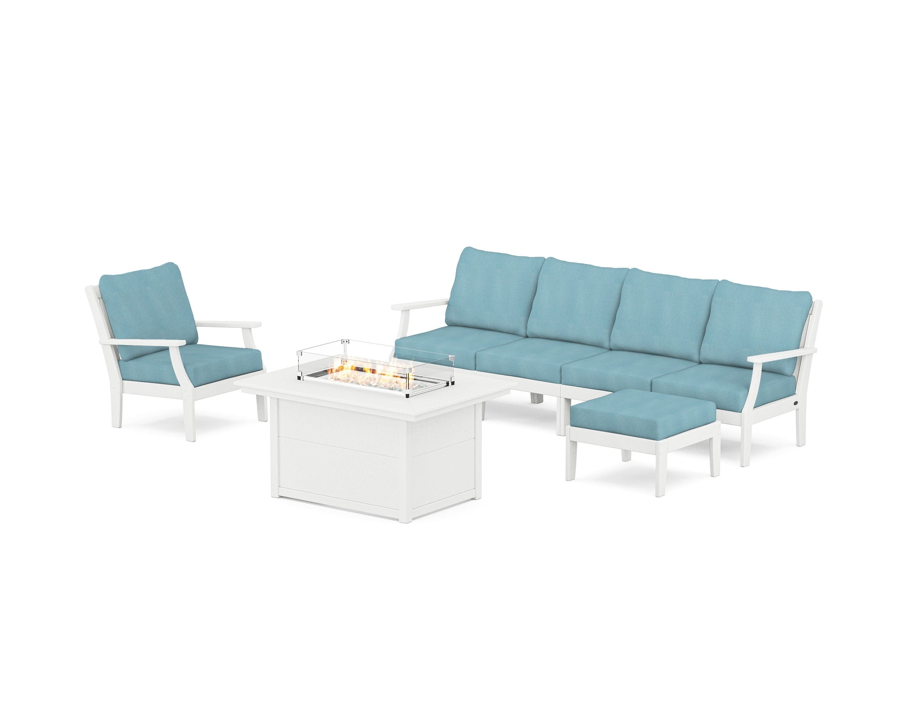 Braxton Sectional Lounge and Fire Pit Set in White / Lattice Sky Blue
