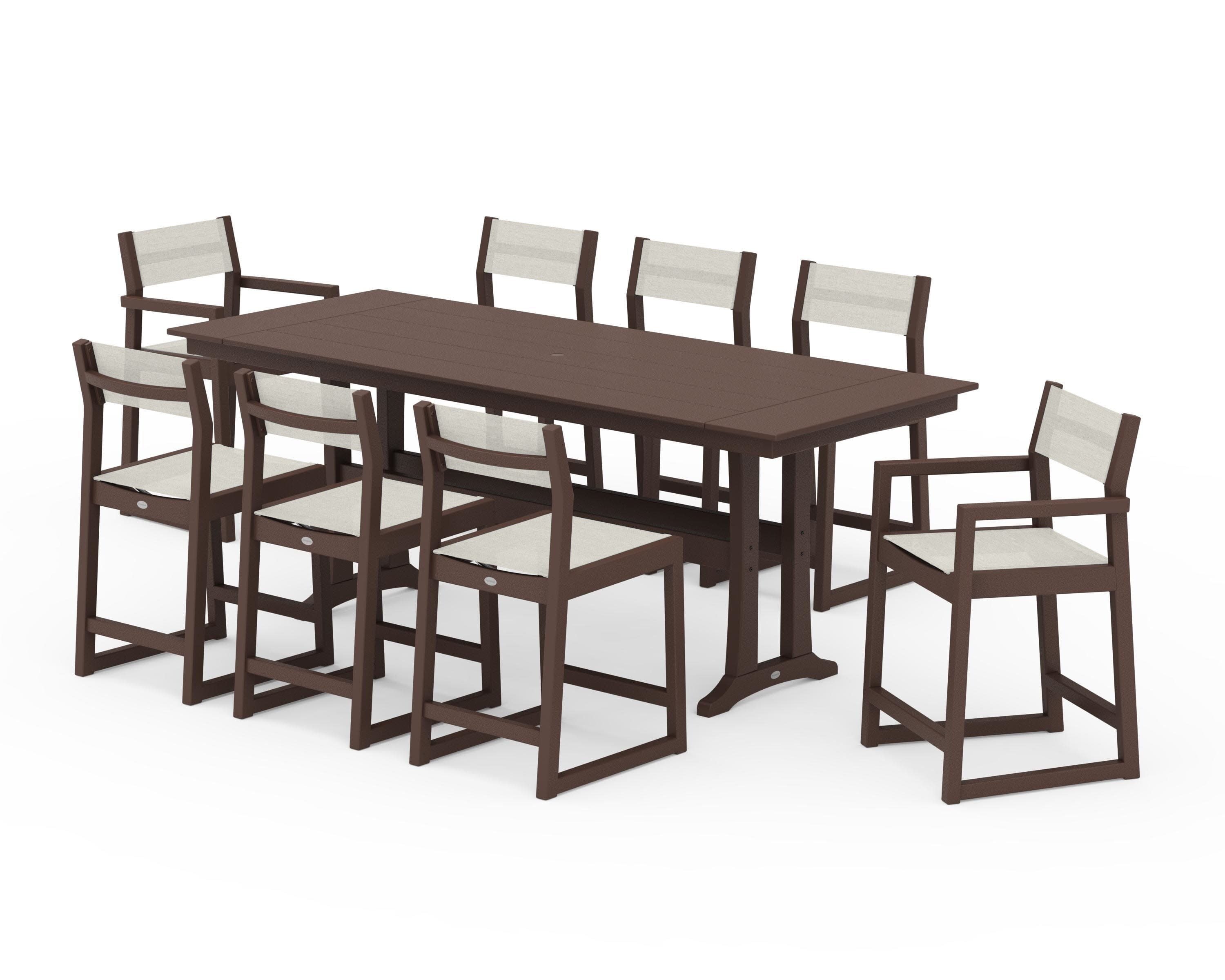 EDGE Sling 9-Piece Farmhouse Counter Set with Trestle Legs in Mahogany / Parchment Sling
