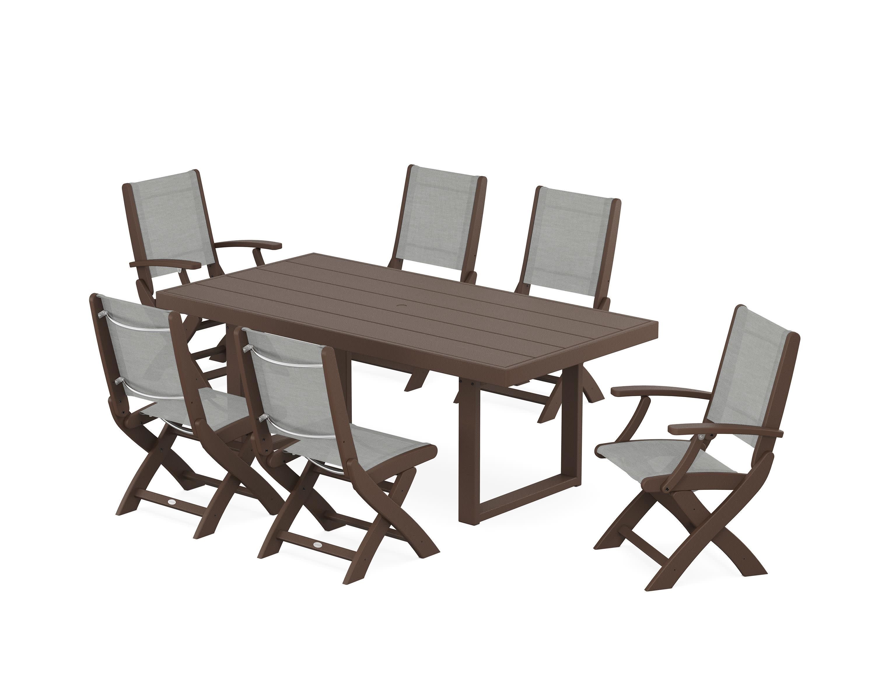 Coastal Folding Chair 7-Piece Dining Set with Trestle Legs in Mahogany / Metallic Sling