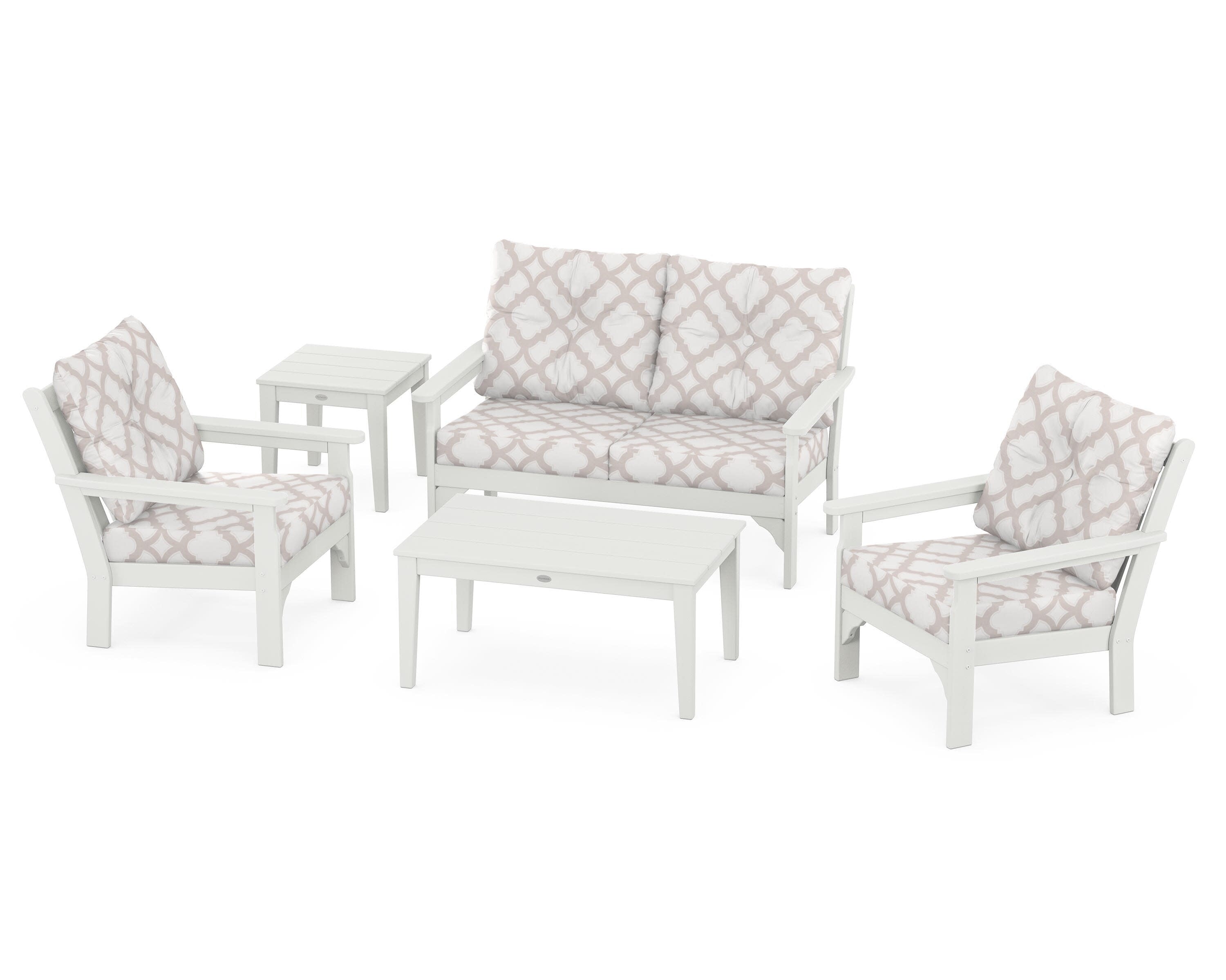 Vineyard 5-Piece Deep Seating Set in Vintage White / Trellis Dune Burlap