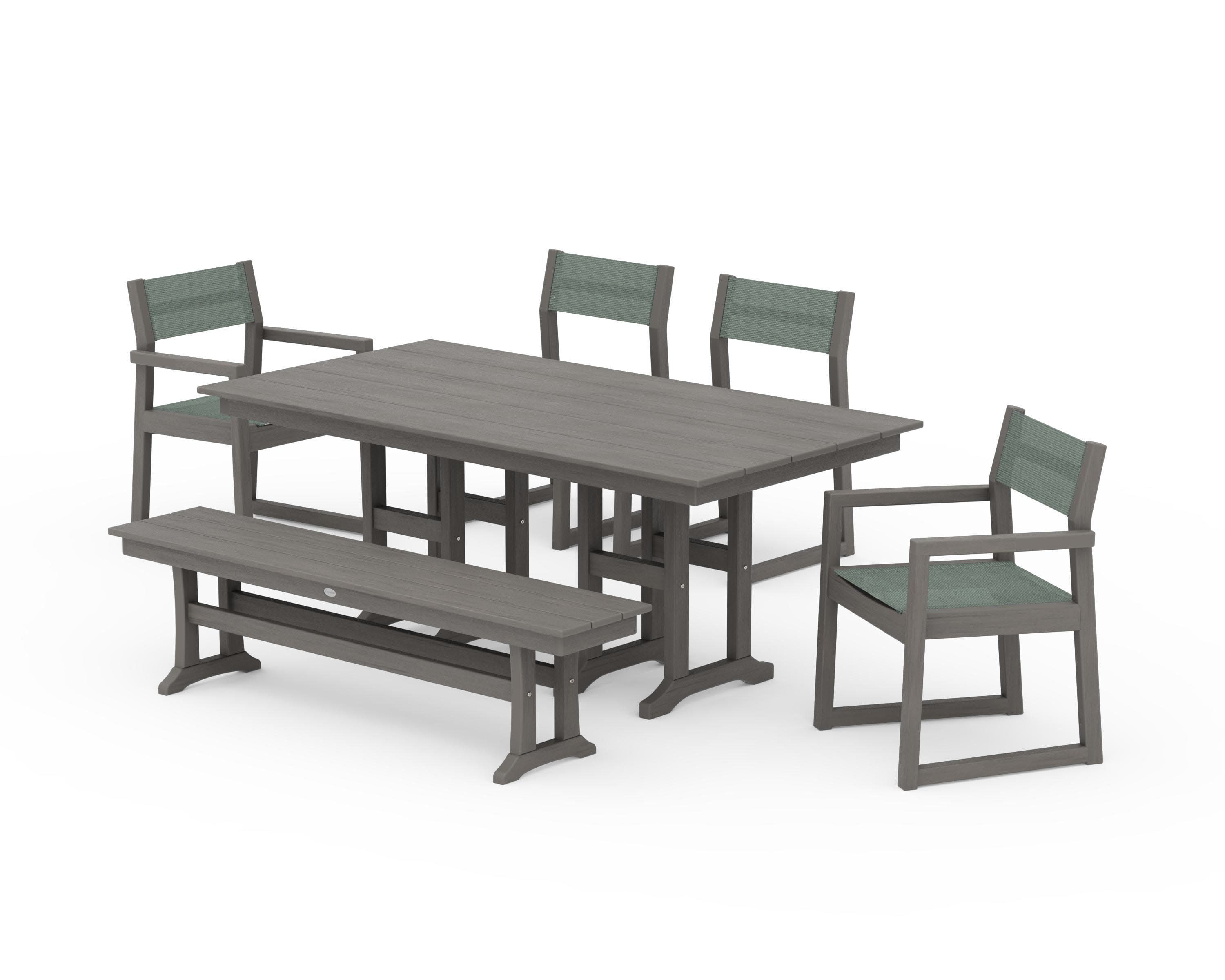 EDGE Sling 6-Piece Farmhouse Dining Set in Driftwood / Dupioni Sea Mist Sling