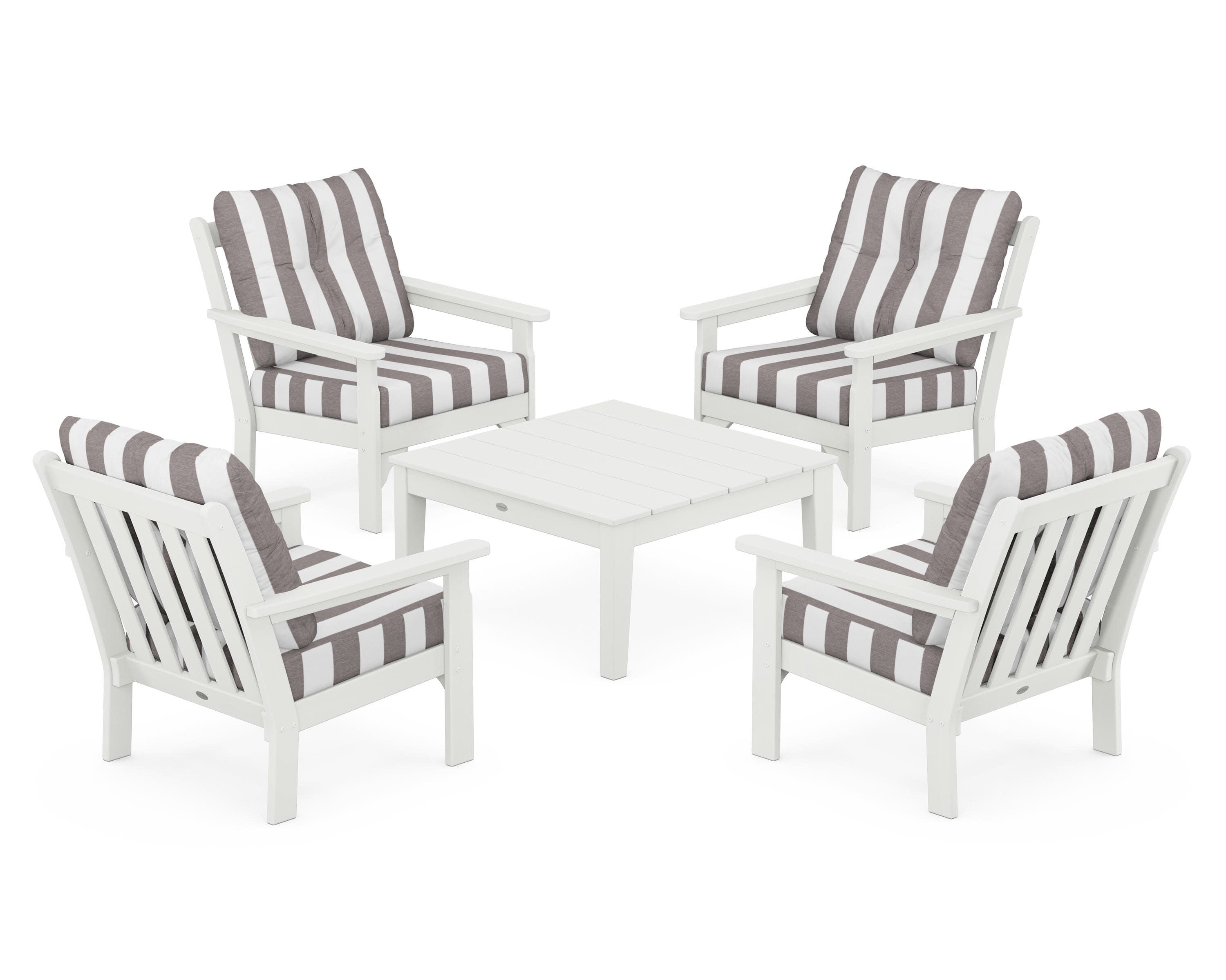 Vineyard 5-Piece Deep Seating Conversation Set in Vintage White / Cabana Stripe Grey Mist