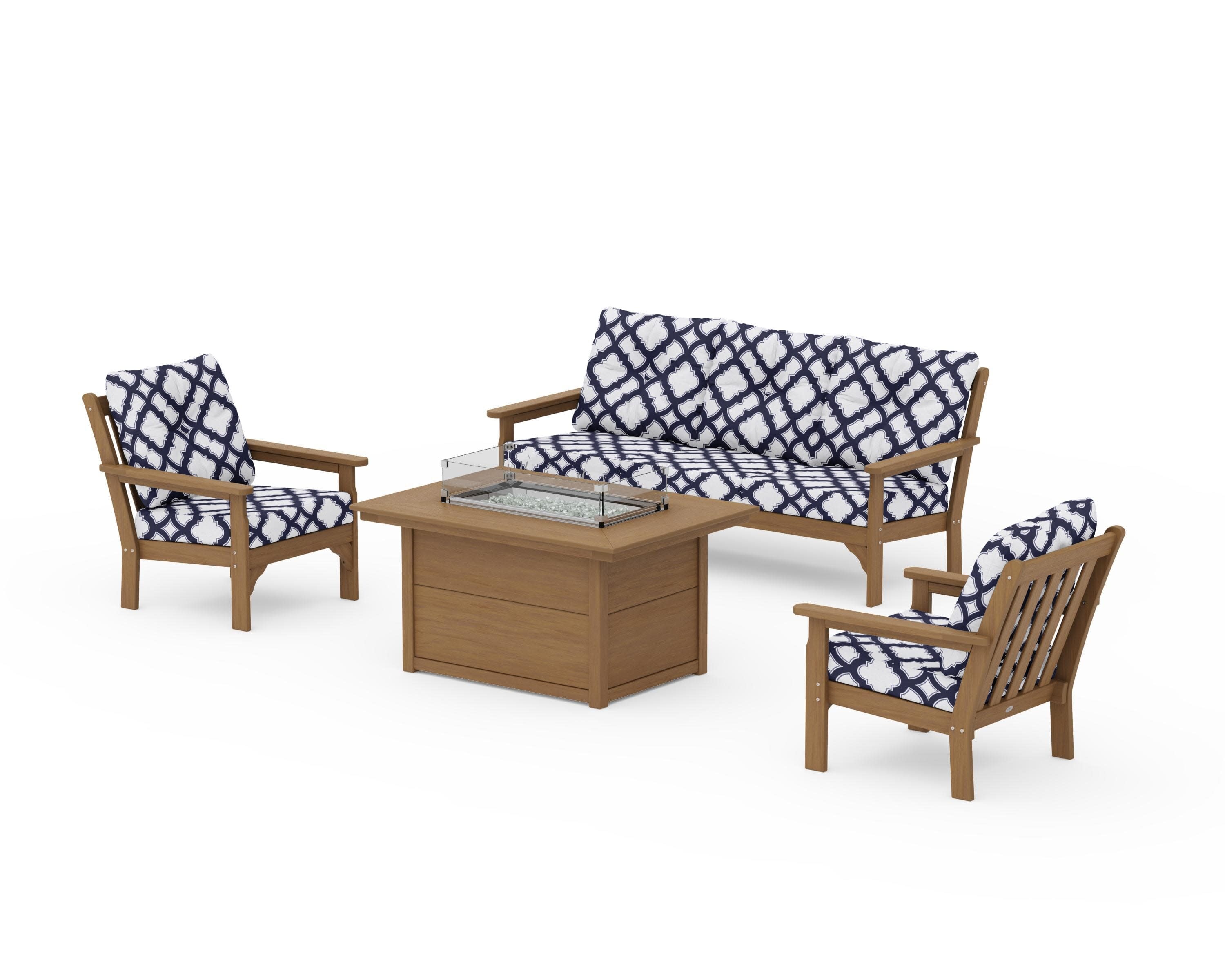 Vineyard Deep Seating Fire Pit Table Set in Natural / Trellis Navy