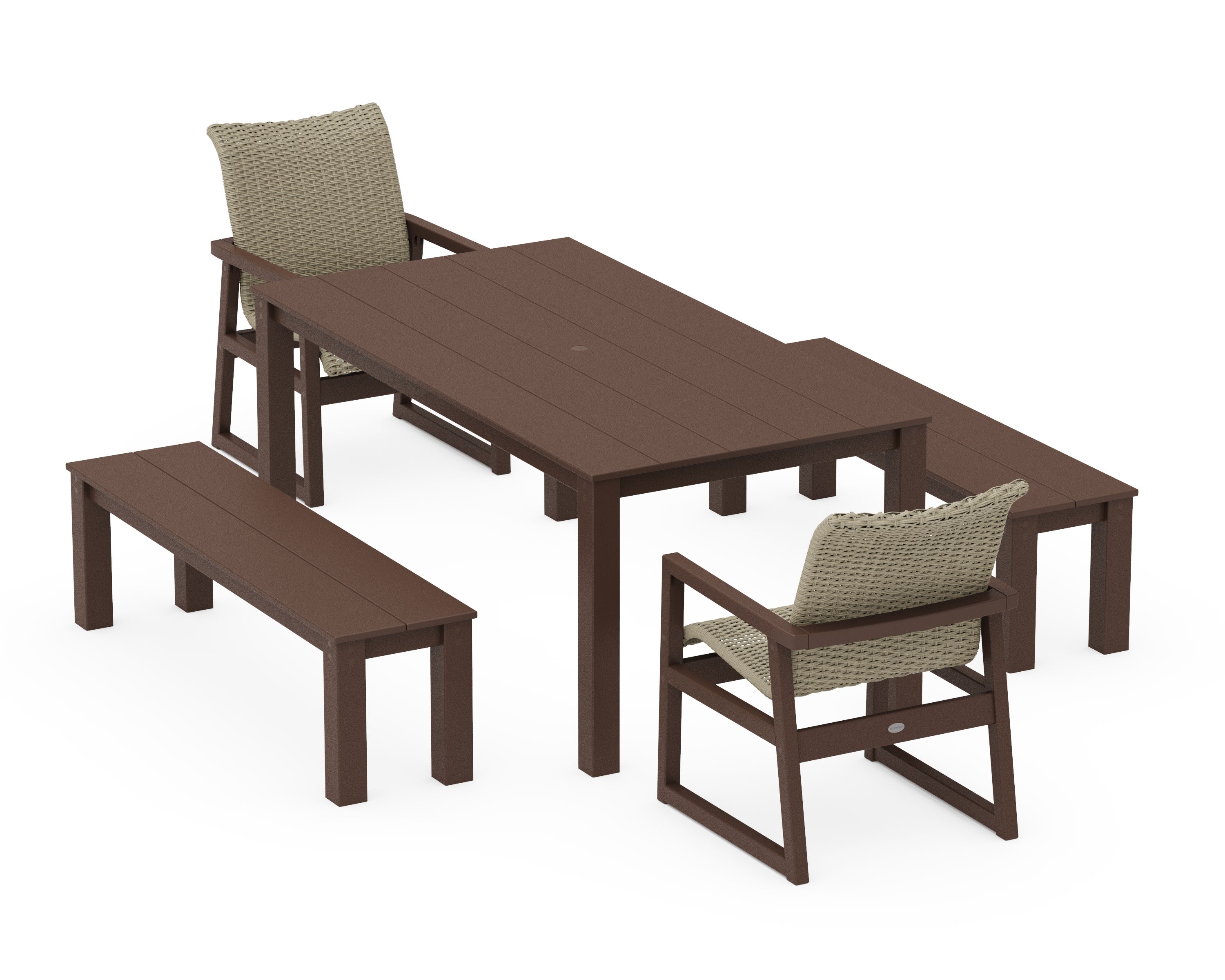 EDGE Woven 5-Piece Parsons Dining Set with Benches in Mahogany / Dune Grass