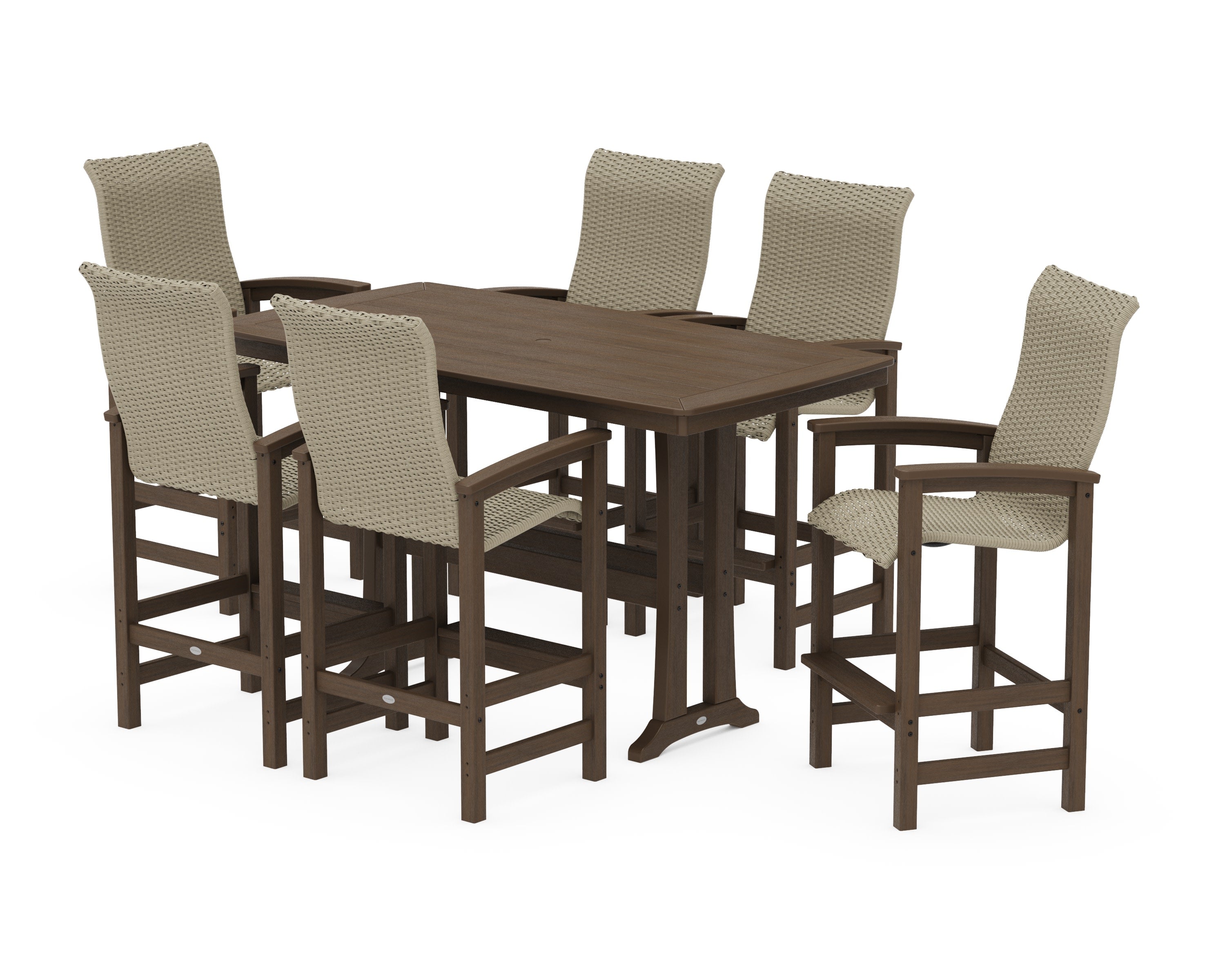 Coastal Woven High-Back Arm Chair 7-Piece Bar Set with Trestle Legs in Kona / Dune Grass