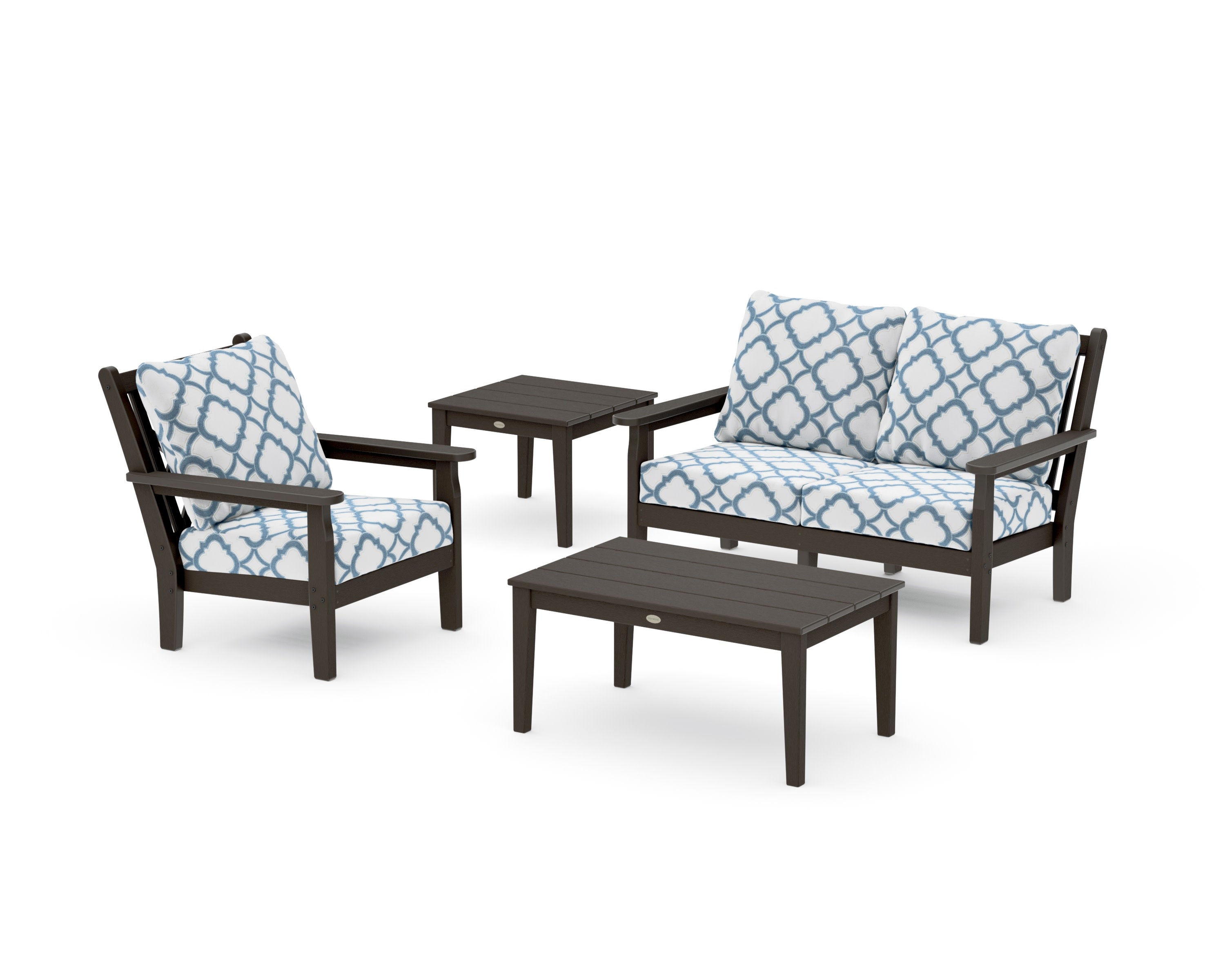 Chippendale 4-Piece Deep Seating Set in Vintage Coffee / Trellis Sky Blue
