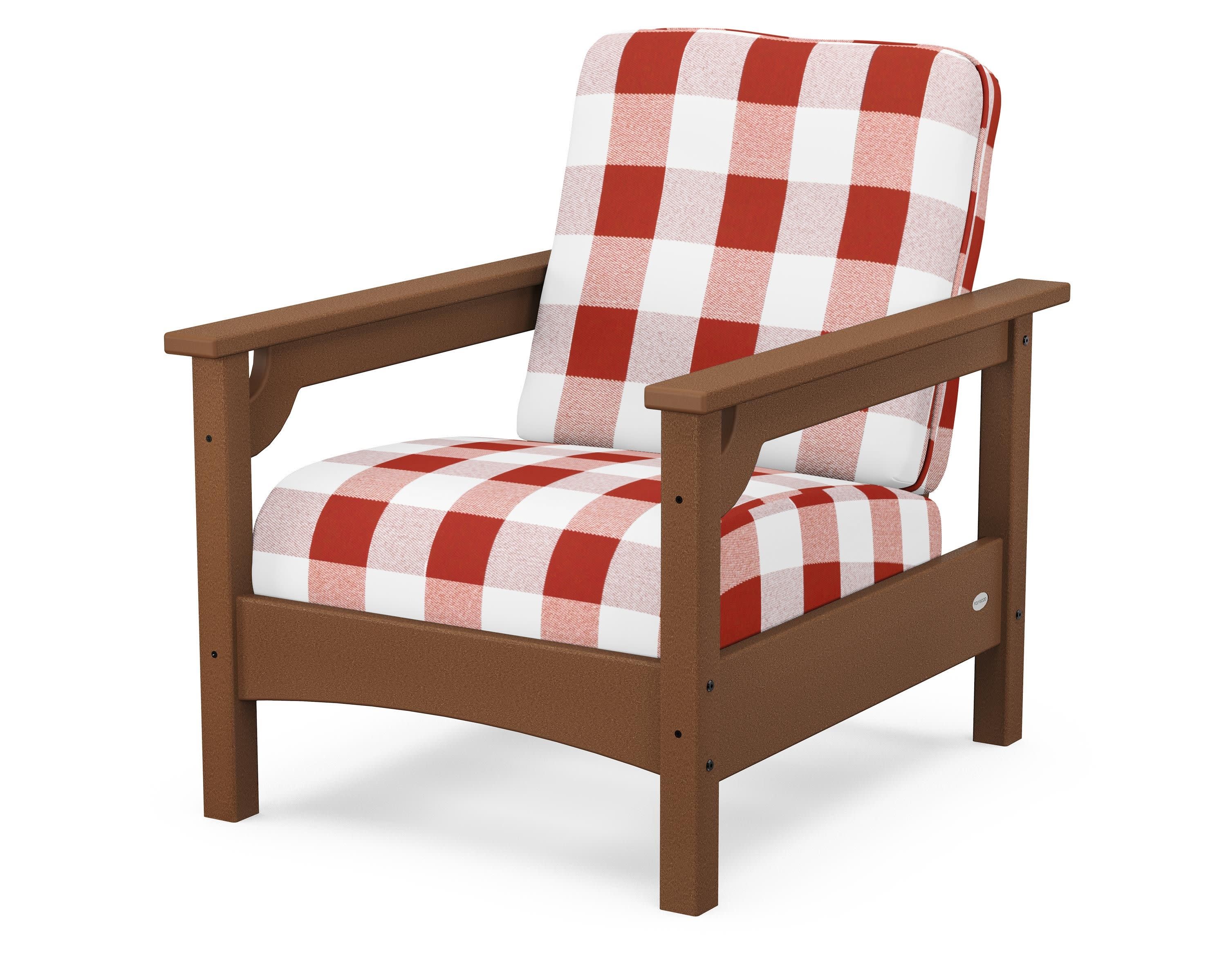 Club Chair in Teak / Buffalo Plaid Crimson