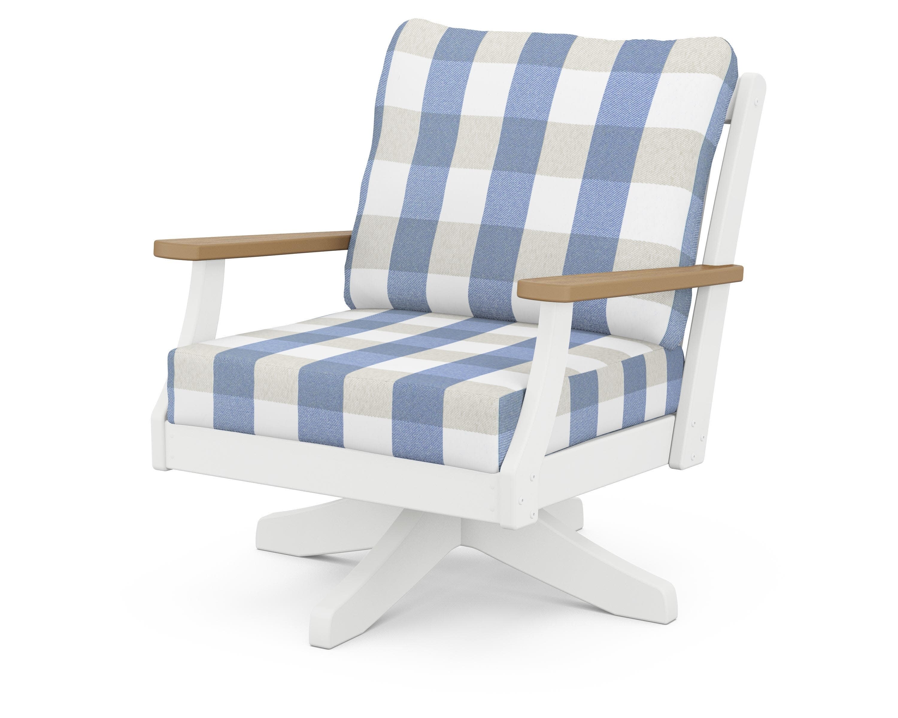 Braxton Deep Seating Swivel Chair in White / Natural / Buffalo Plaid Sky Blue