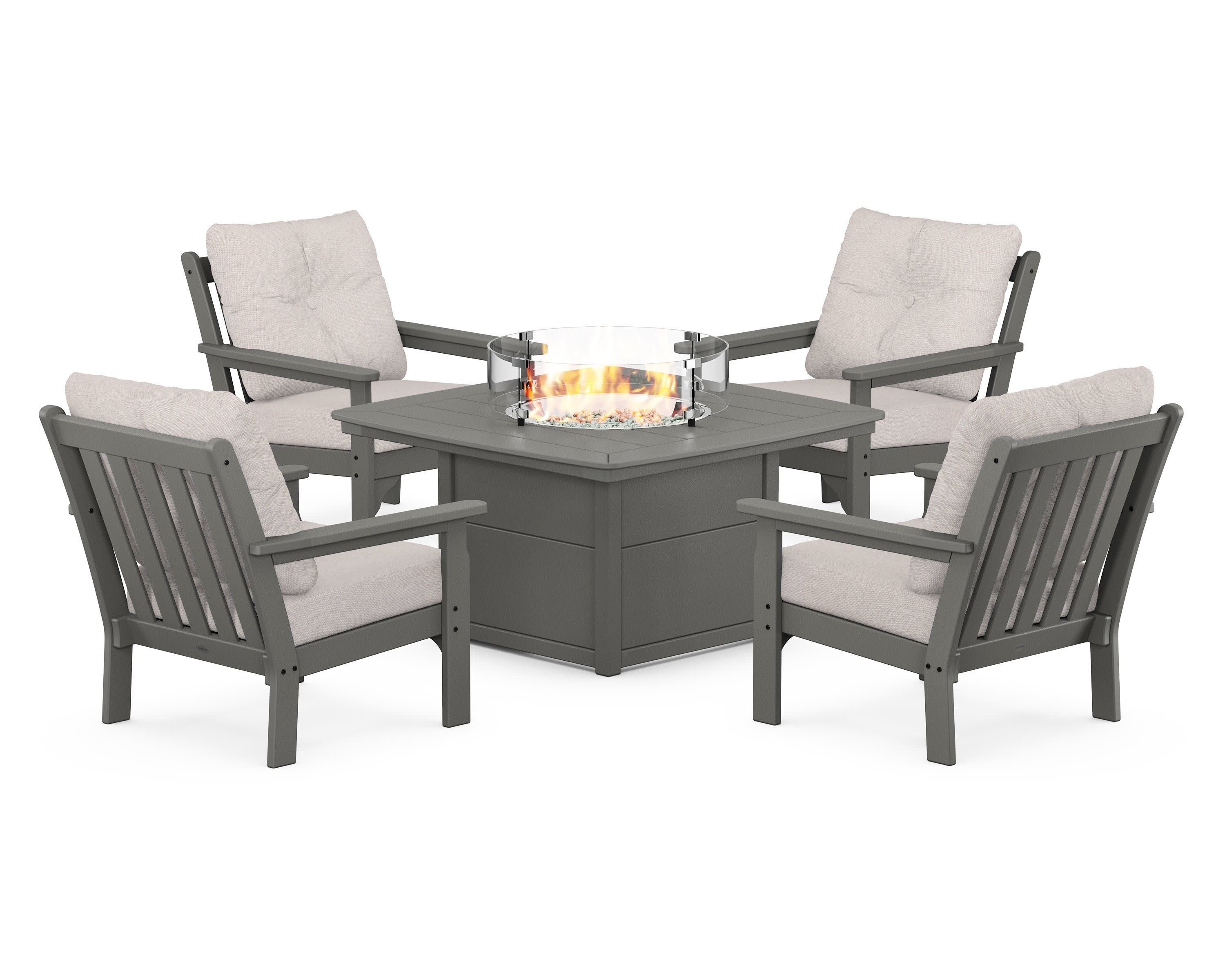 Vineyard 5-Piece Conversation Set with Fire Pit Table in Slate Grey / Dune Burlap